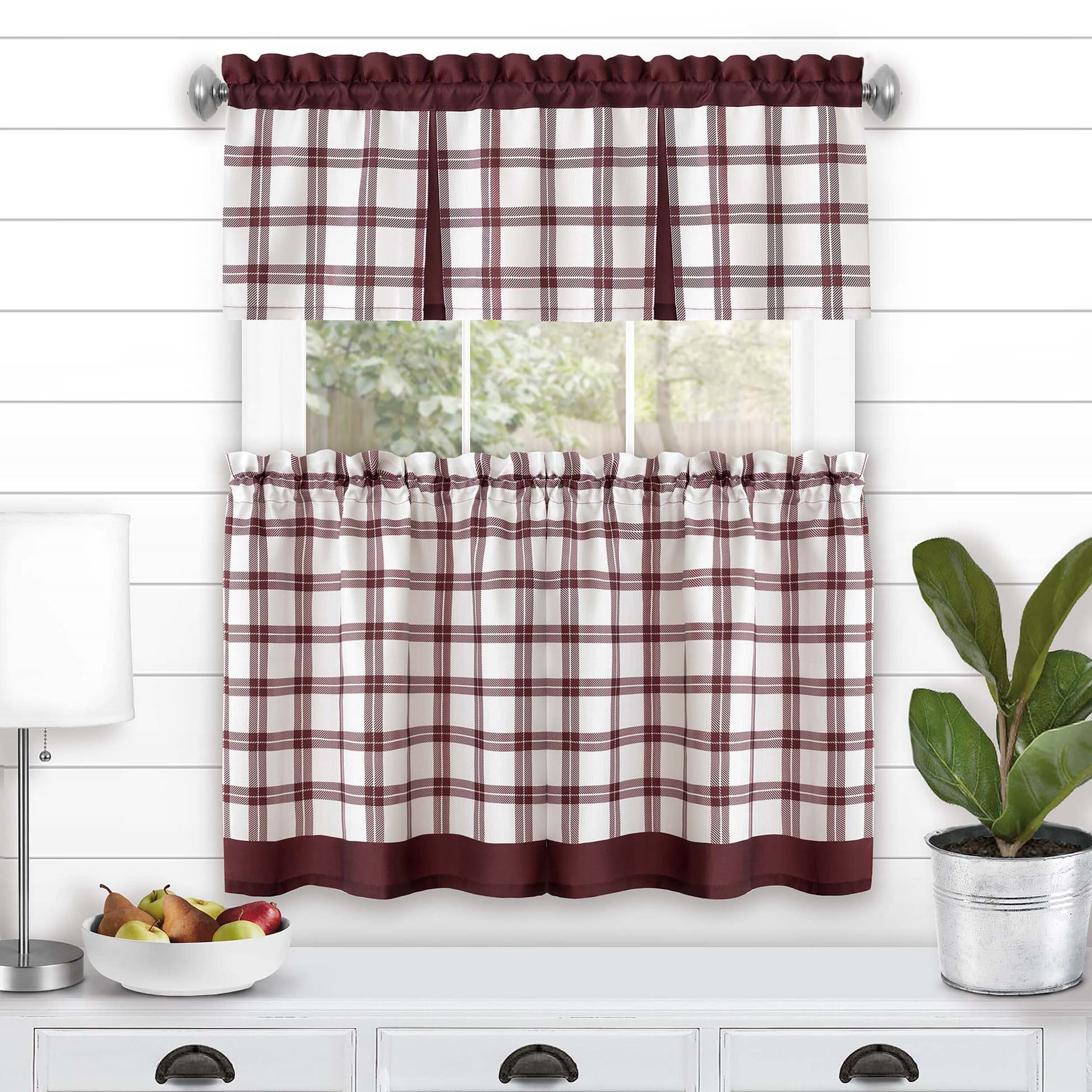 Burgundy and White Plaid Polyester Kitchen Window Curtain Set