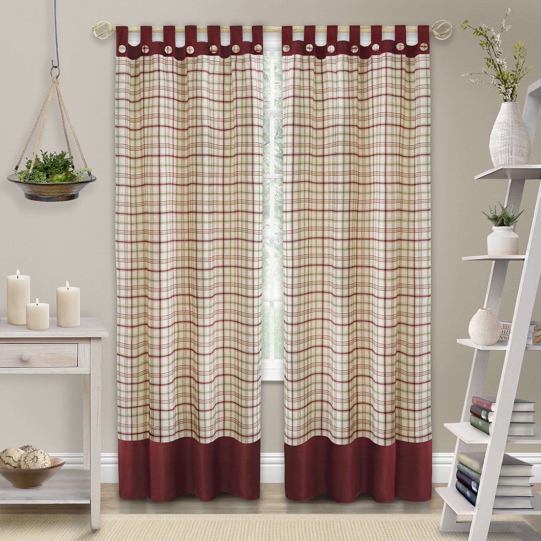 Burgundy Plaid Polyester Tab Top Light-Filtering Drapes