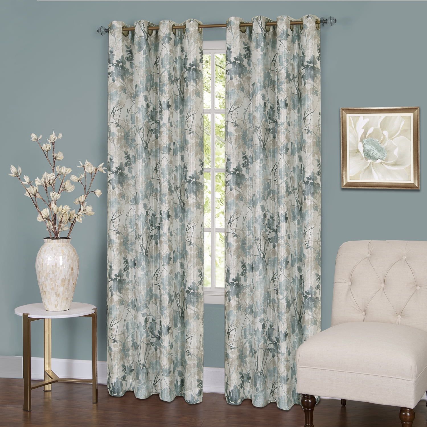 Blue Floral Blackout Grommet Curtain Panel, 50x84