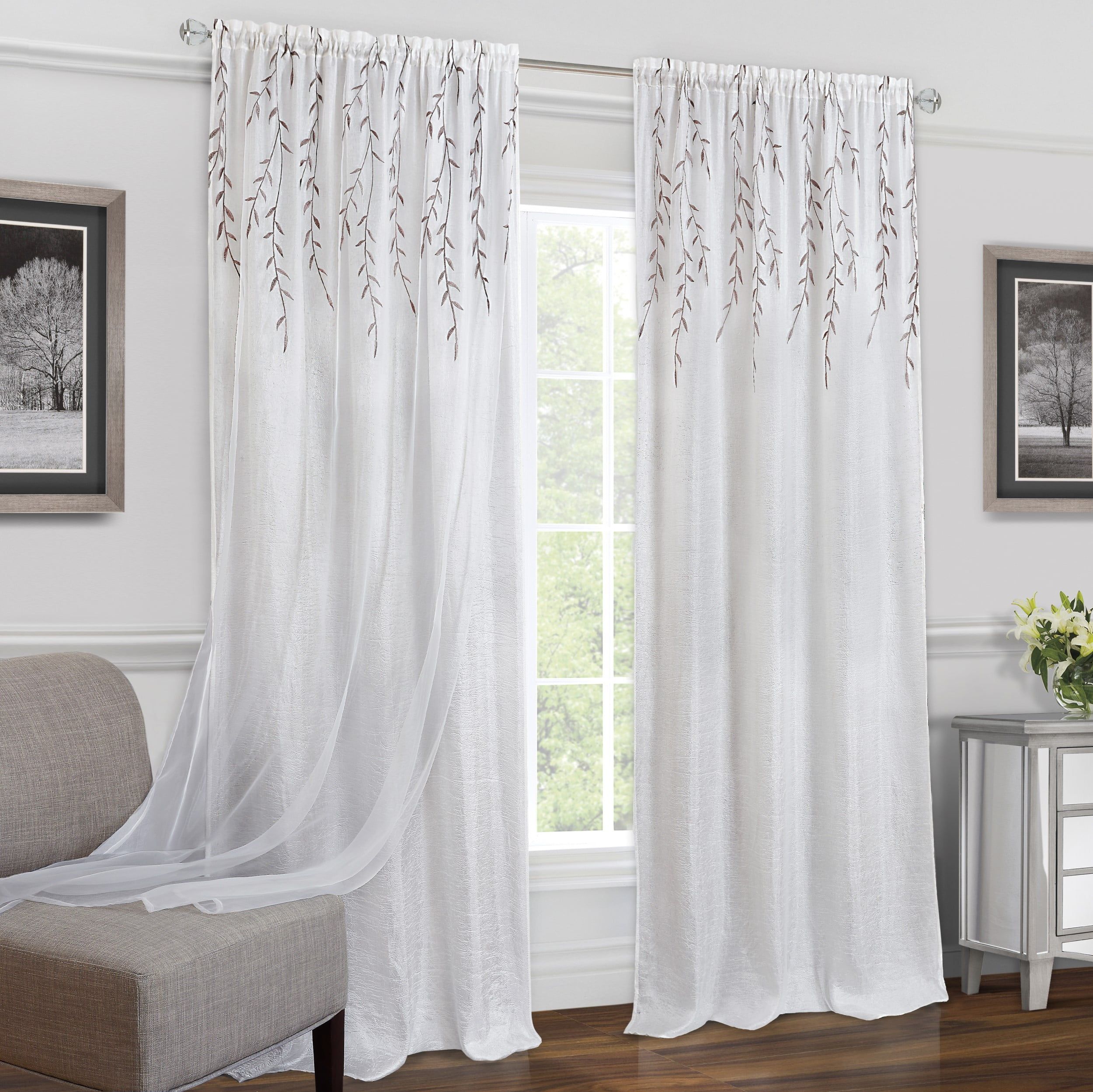 White Embroidered Sheer Polyester Rod Pocket Curtain Panel, 42" x 63"