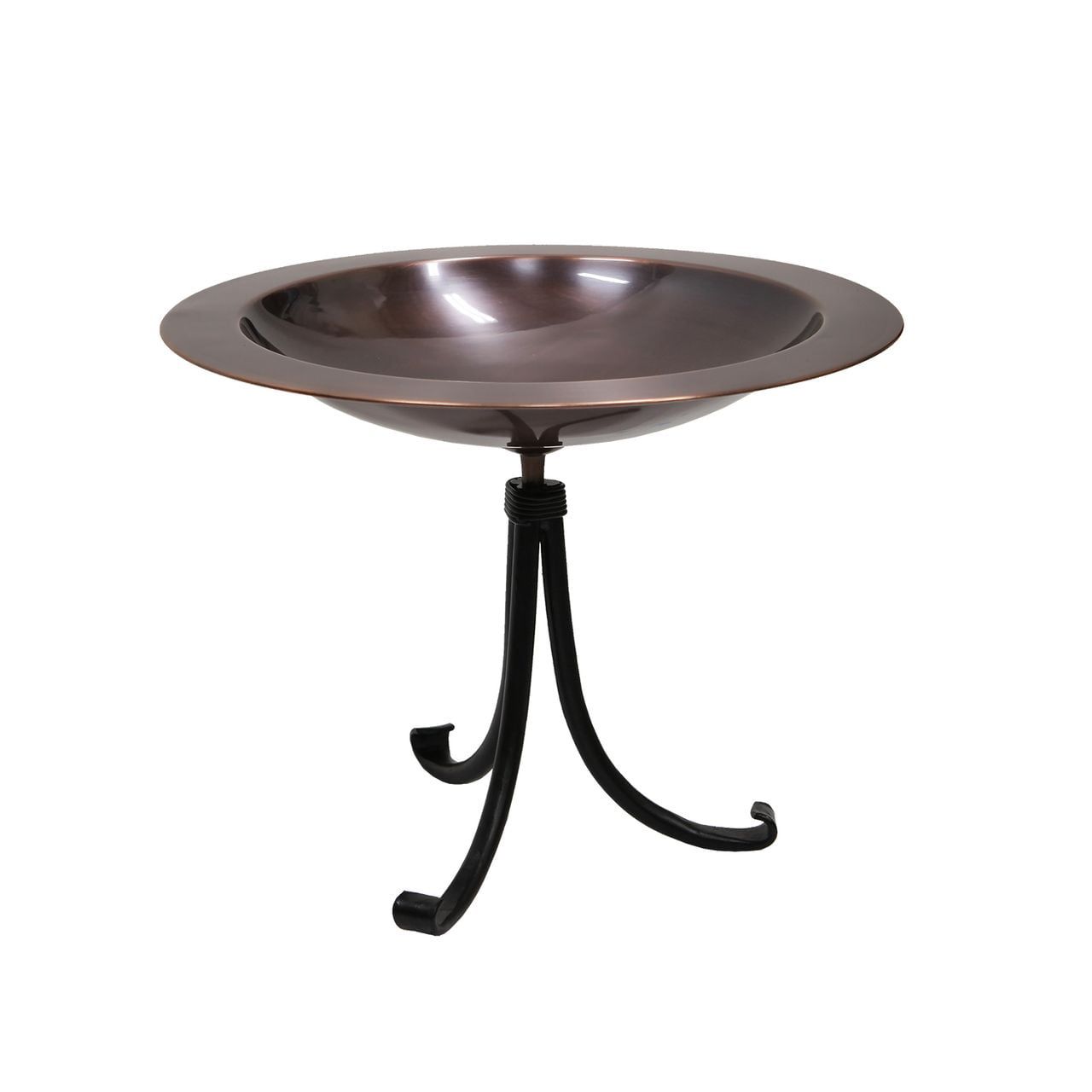 18" Antique Copper Birdbath with Black Wrought Iron Stand