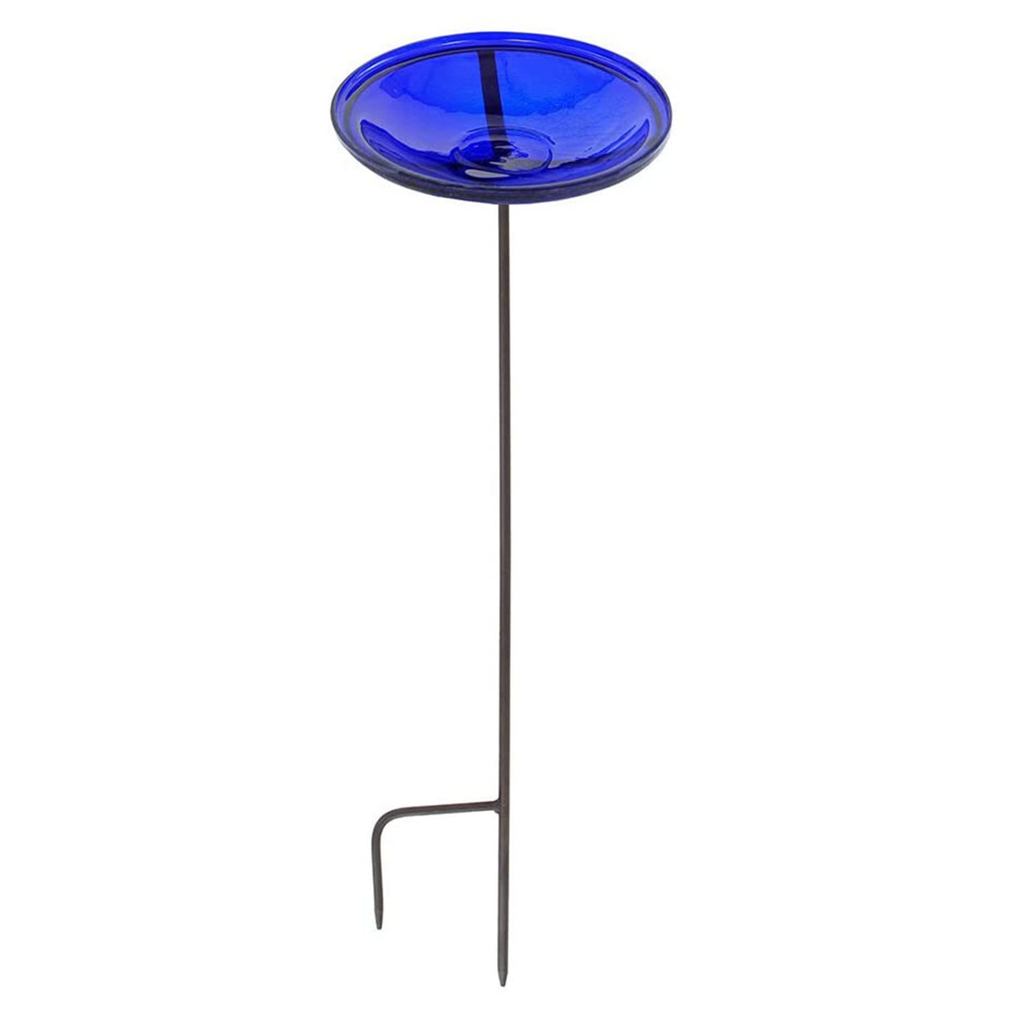 Cobalt Blue Hand Blown Glass Birdbath with Iron Stake