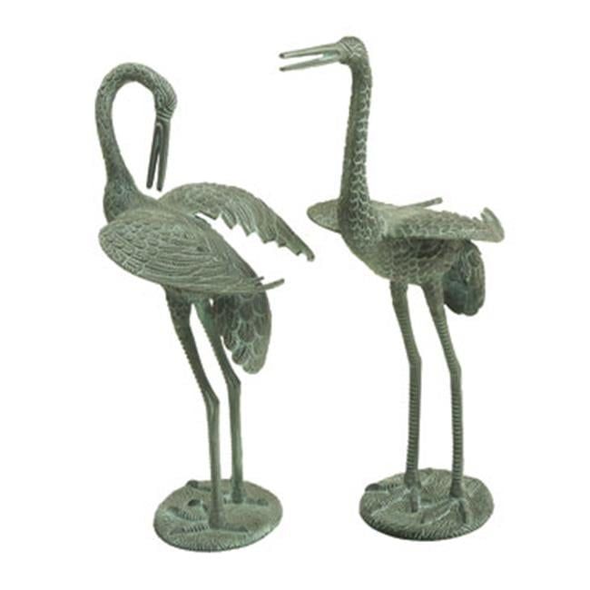 Antique Verdi Aluminum Preening Crane Pair Garden Statues