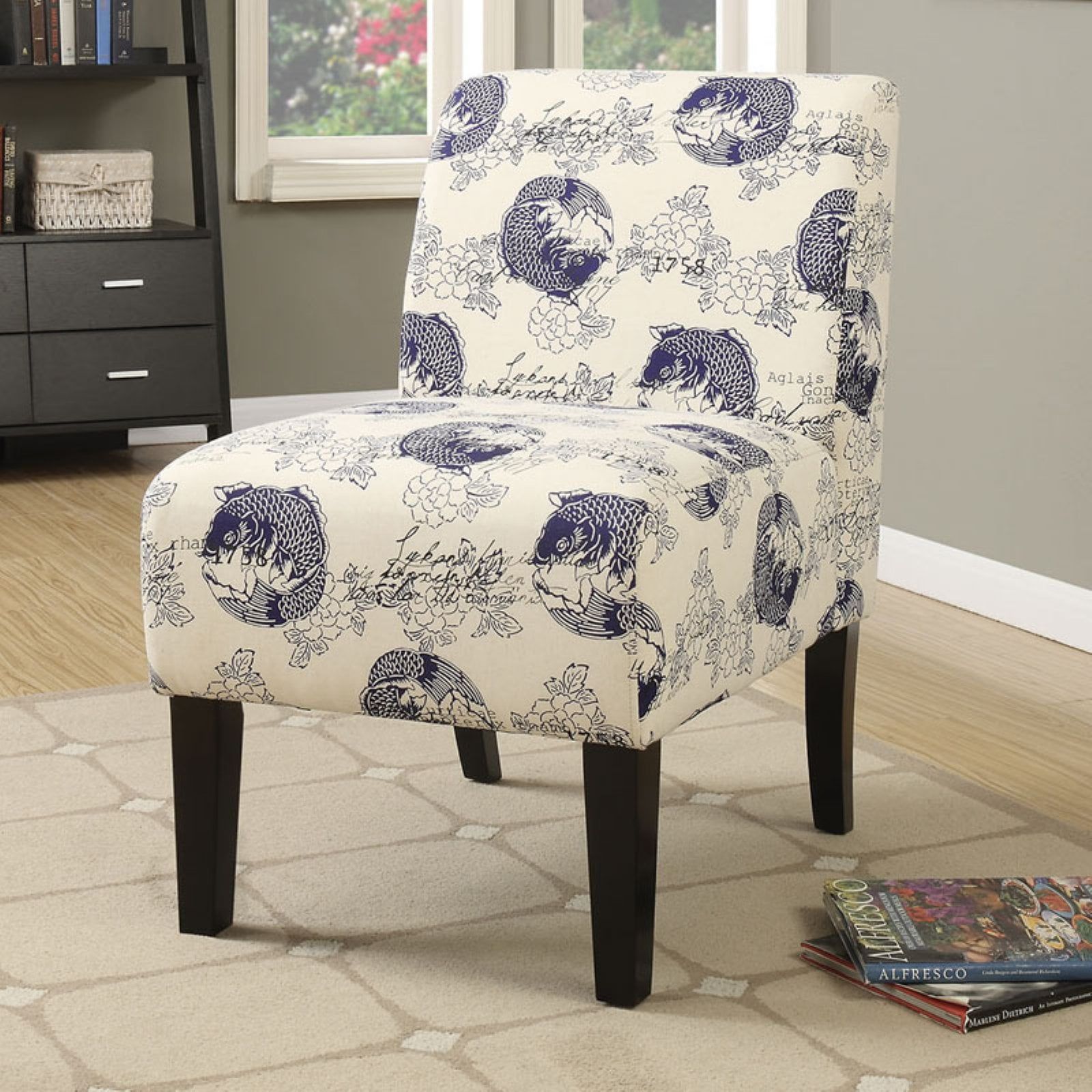 Contemporary Dark Blue Fish Pattern Slipper Chair