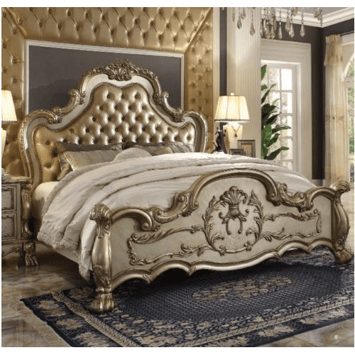 California King Gold Patina Upholstered Wood Bed with Tufted Headboard