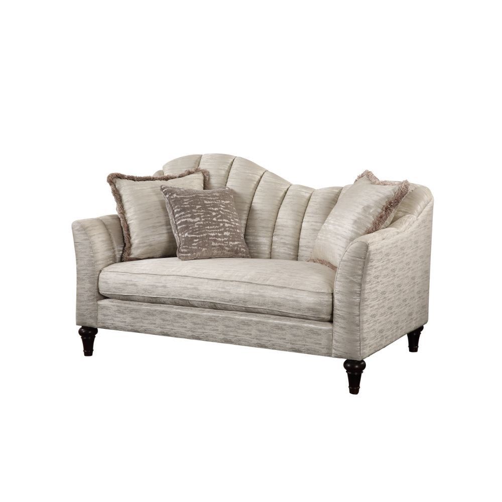 Beige Linen Tufted Loveseat with Flared Arms and Pillows