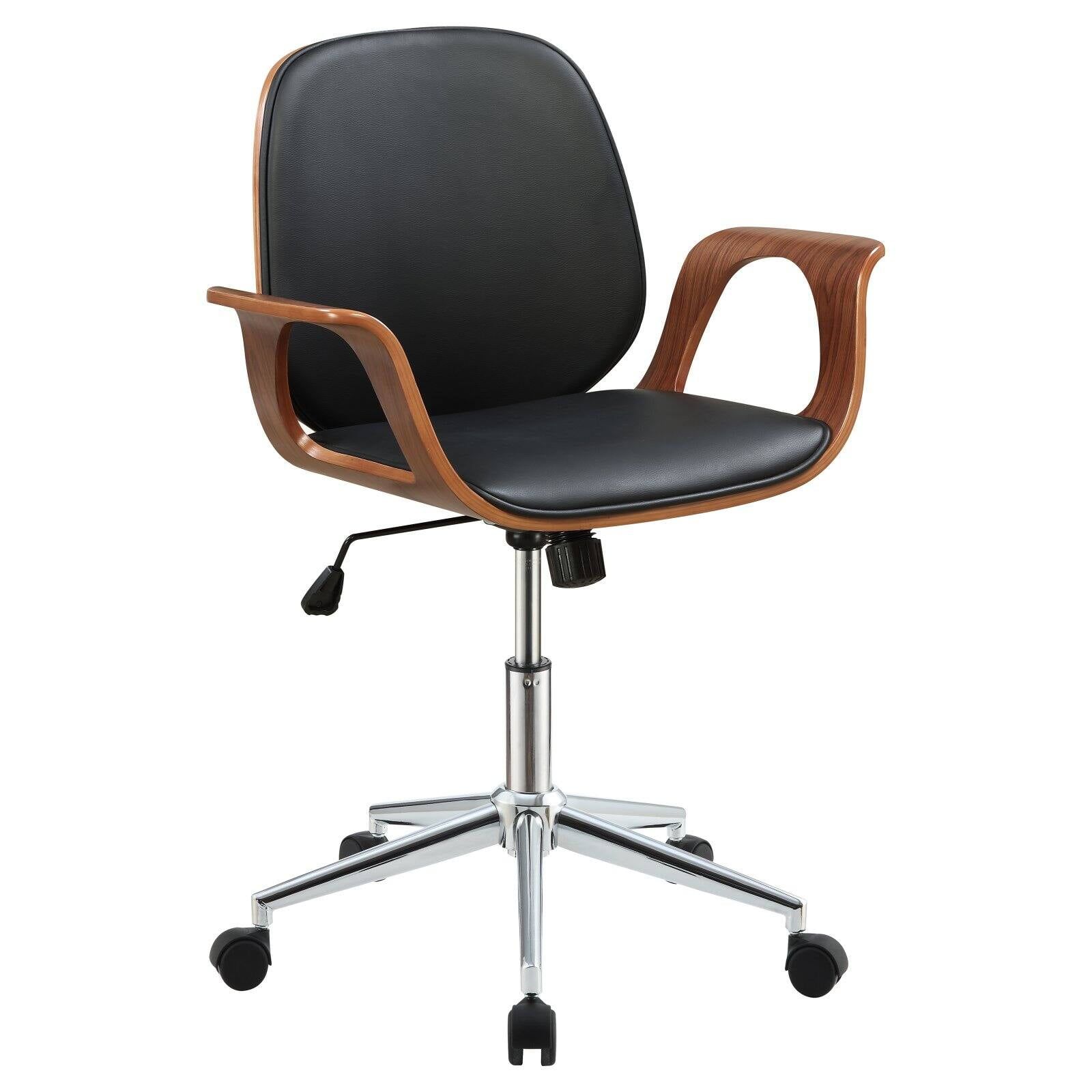 Modern Black Faux Leather and Walnut Wood Task Chair