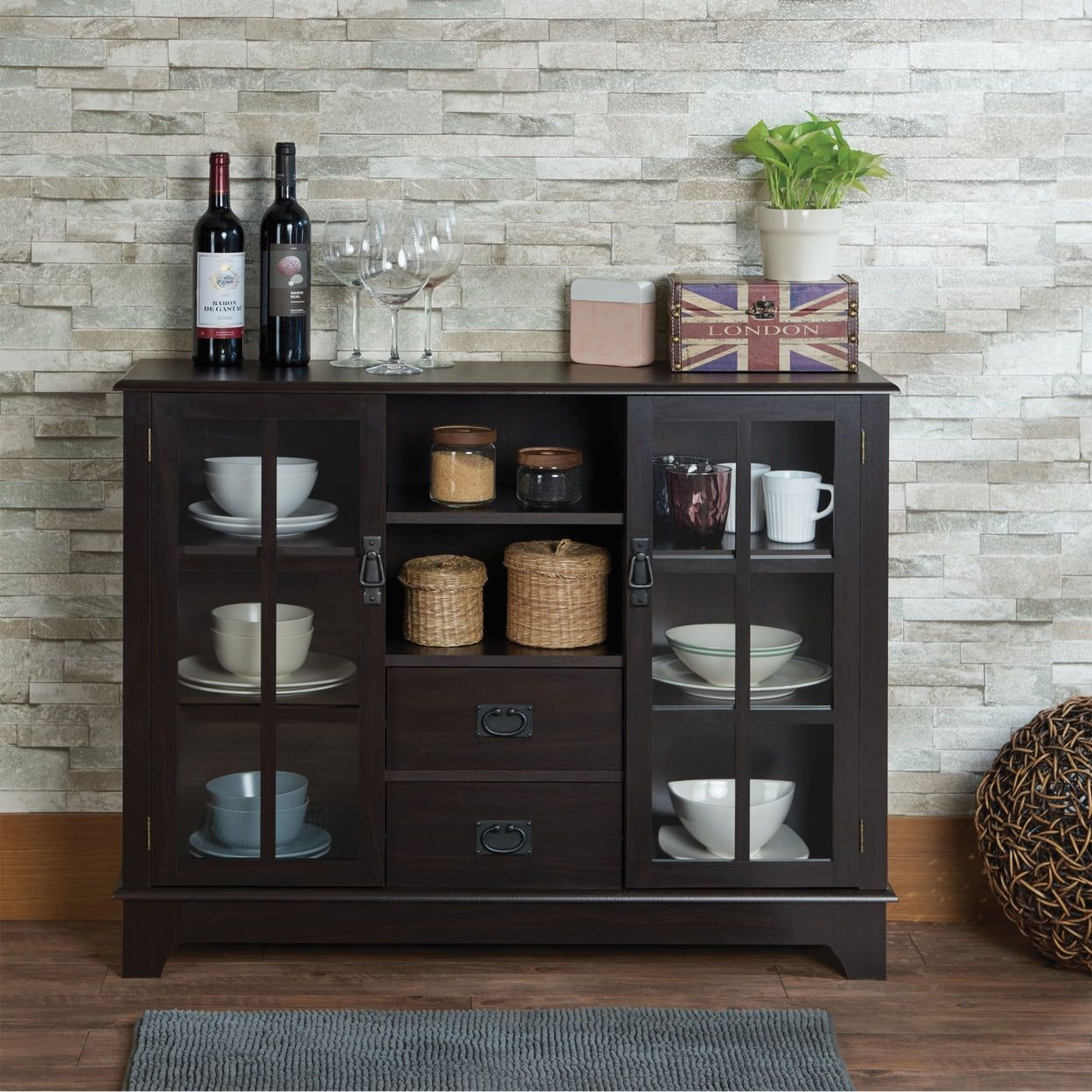 Espresso Black 42" Wood & Glass Console Table with Storage