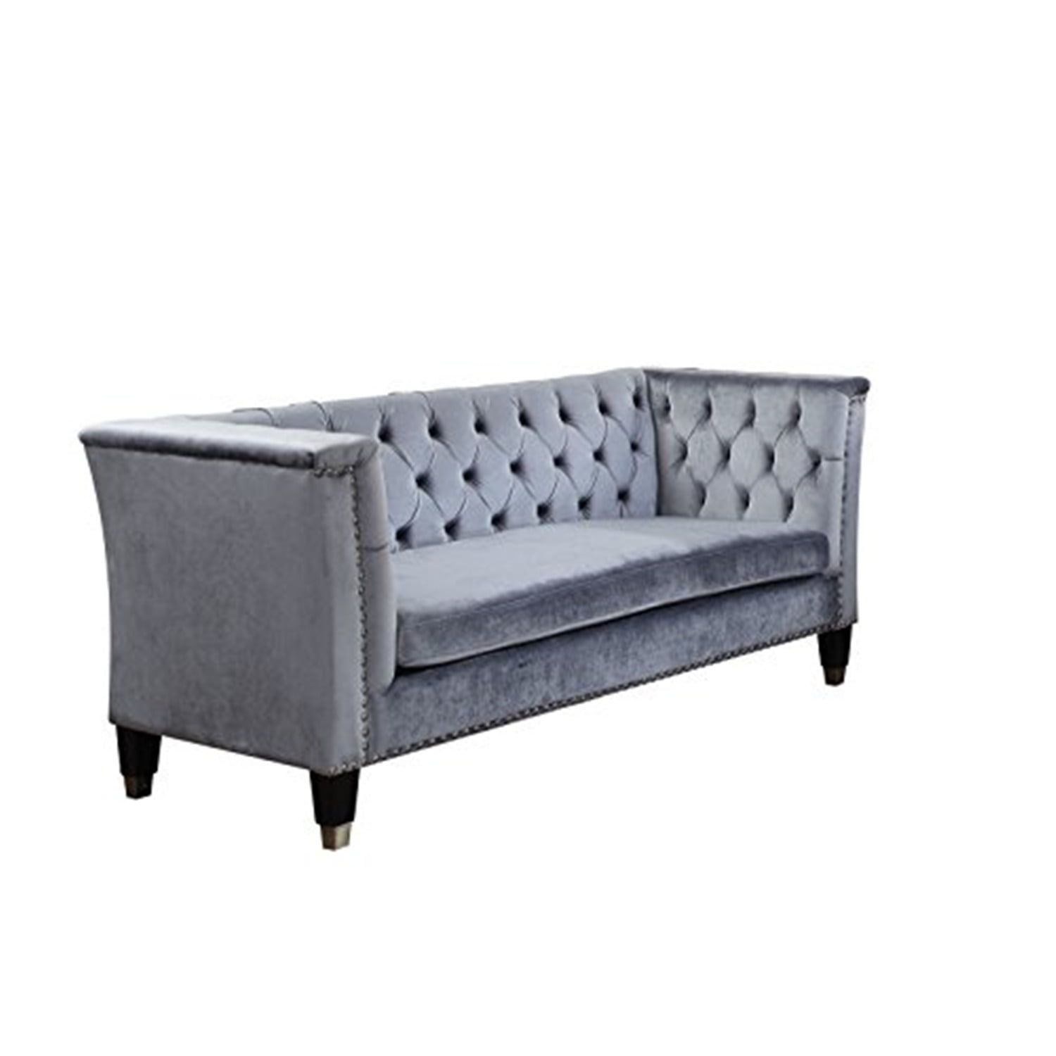 Gray Velvet Tufted Loveseat with Nailhead Trim