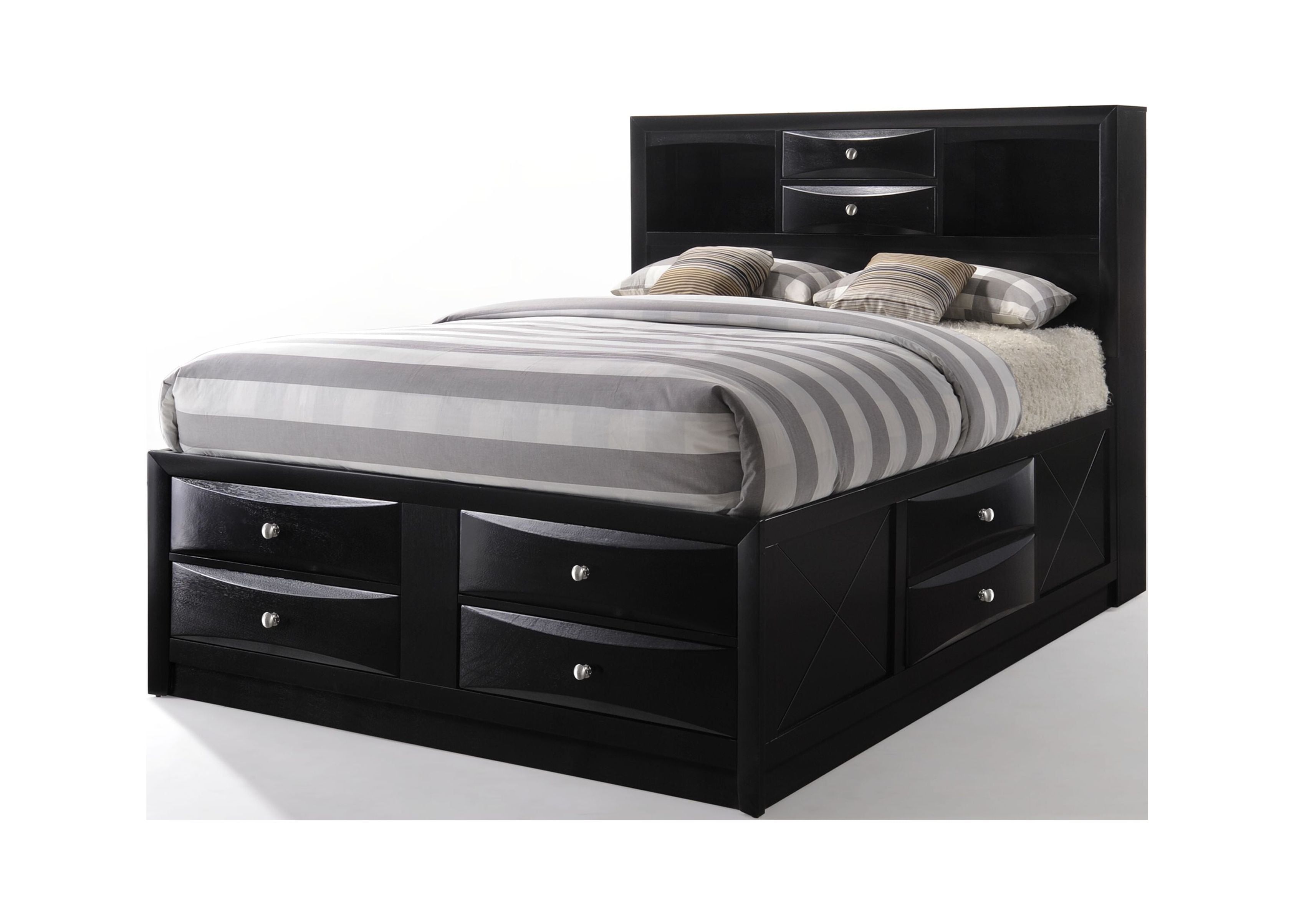 Elegant Full Double Captain's Bed with Upholstered Headboard and 8 Storage Drawers in Black