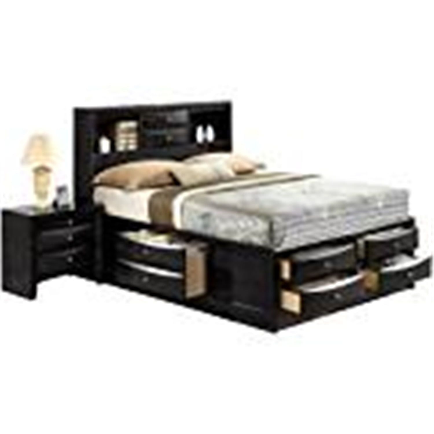 Transitional Black Queen Storage Bed with Nickel Accents and Bookcase Headboard