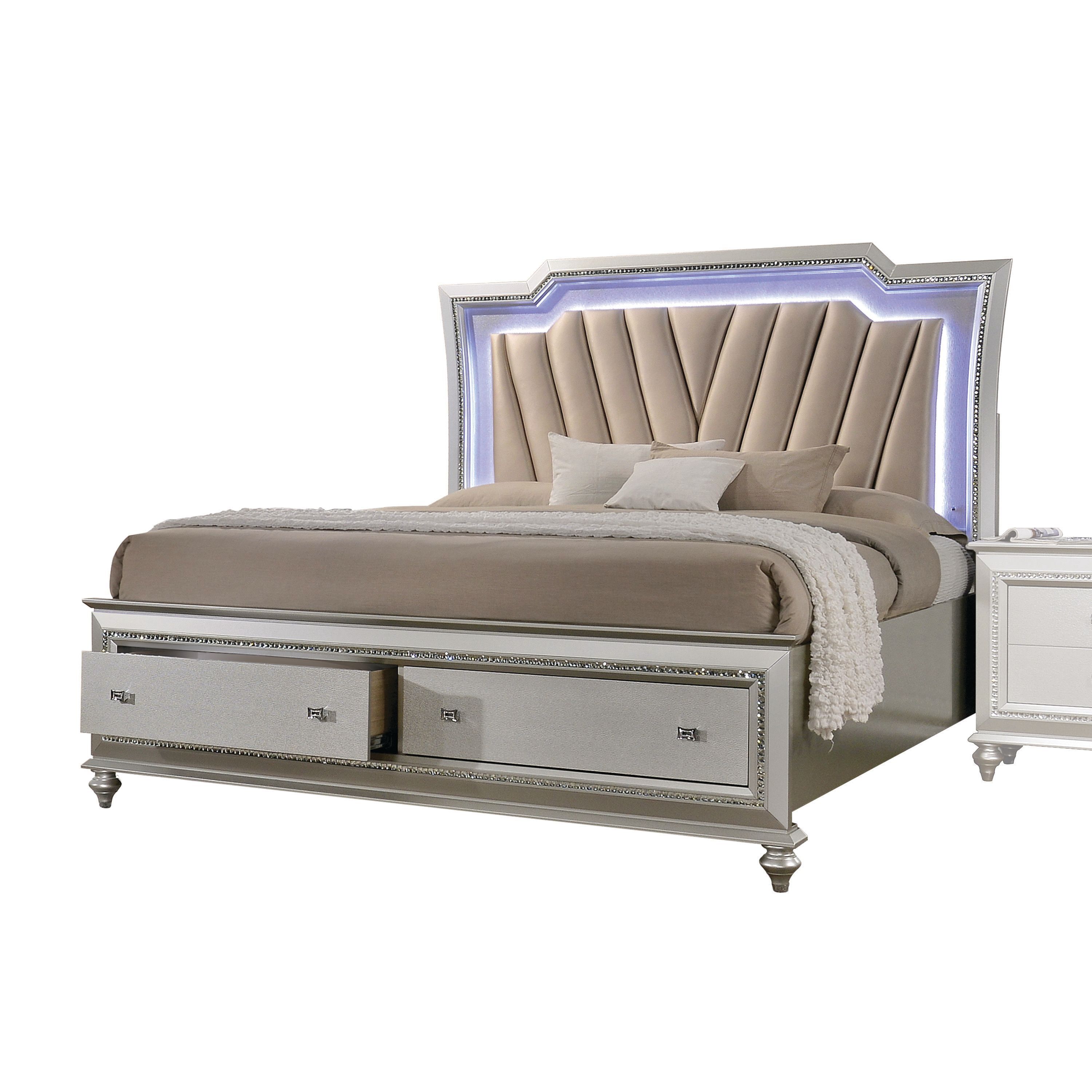 Champagne King Upholstered Platform Bed with Storage and LED Headboard