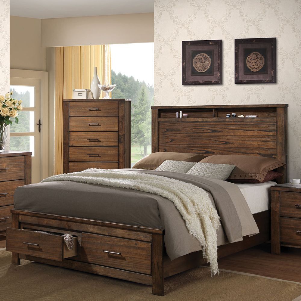 Oak King Upholstered Bed with Storage Drawers