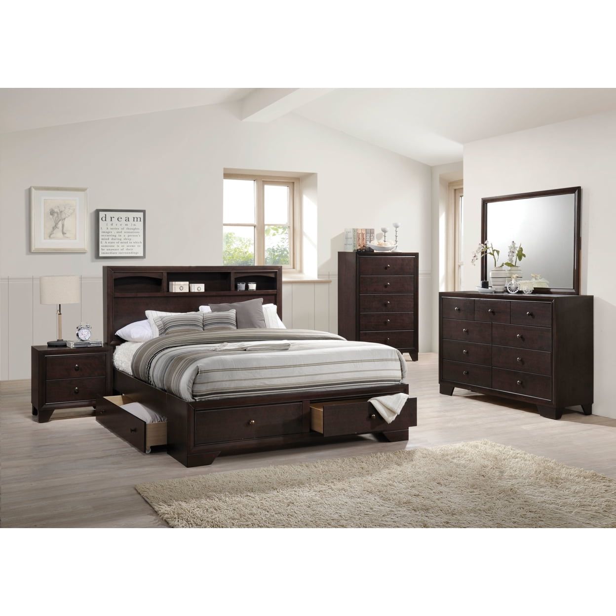 Queen-Sized Espresso Wood Frame Upholstered Bed with Bookcase and Storage Drawers