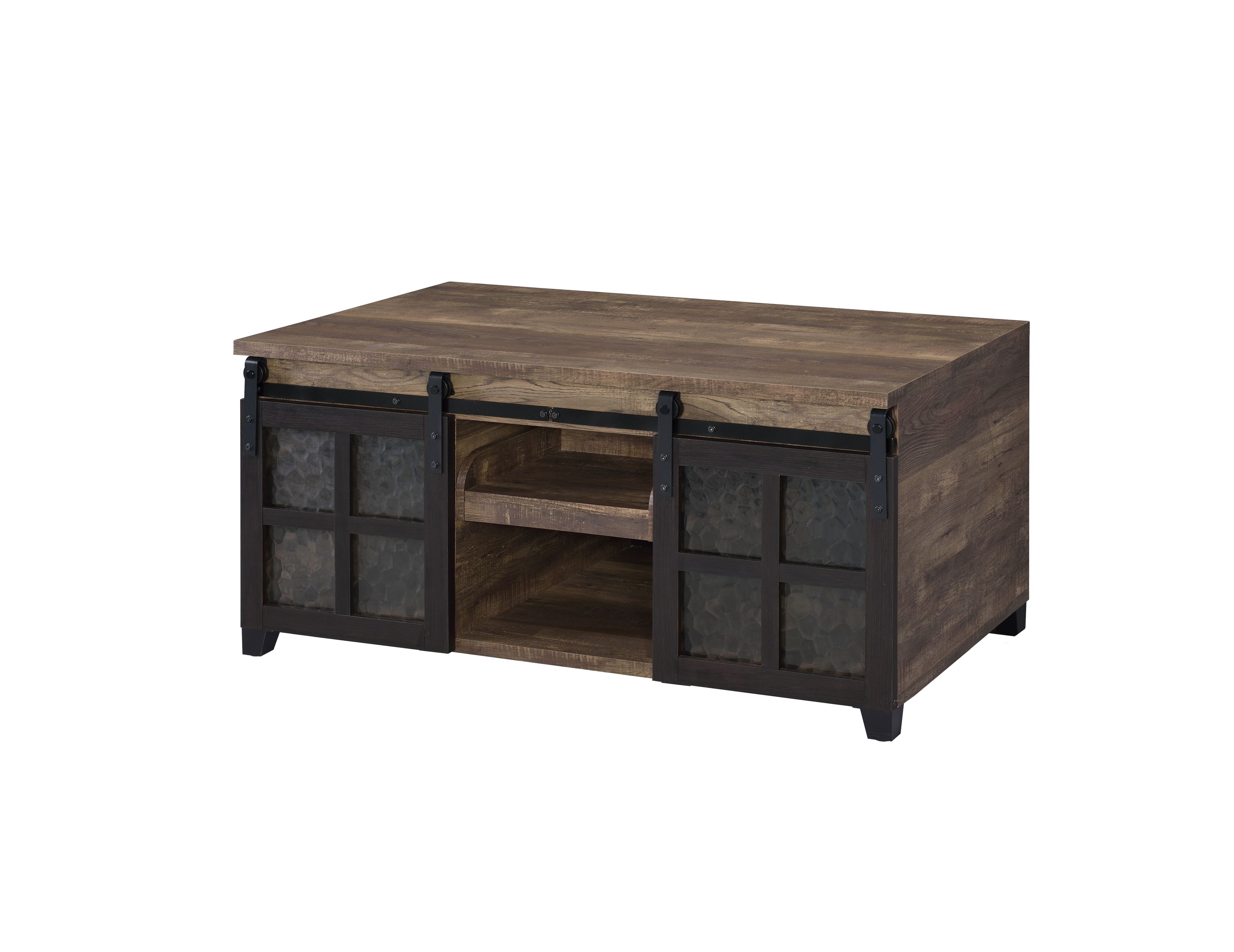 Rustic Oak and Black Rectangular Wood Glass Coffee Table with Storage