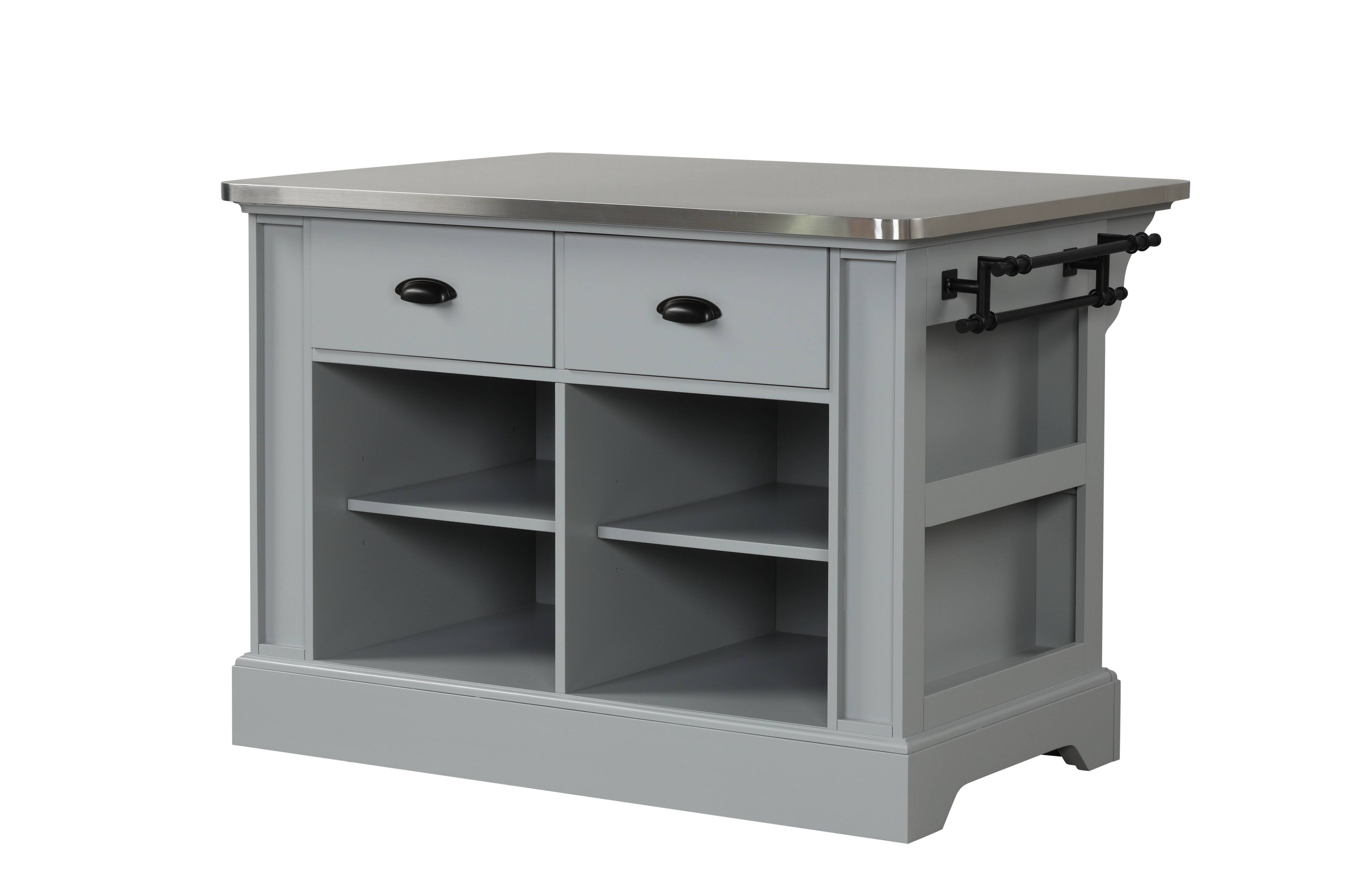 Gray Pine and Stainless Steel Kitchen Island with Storage