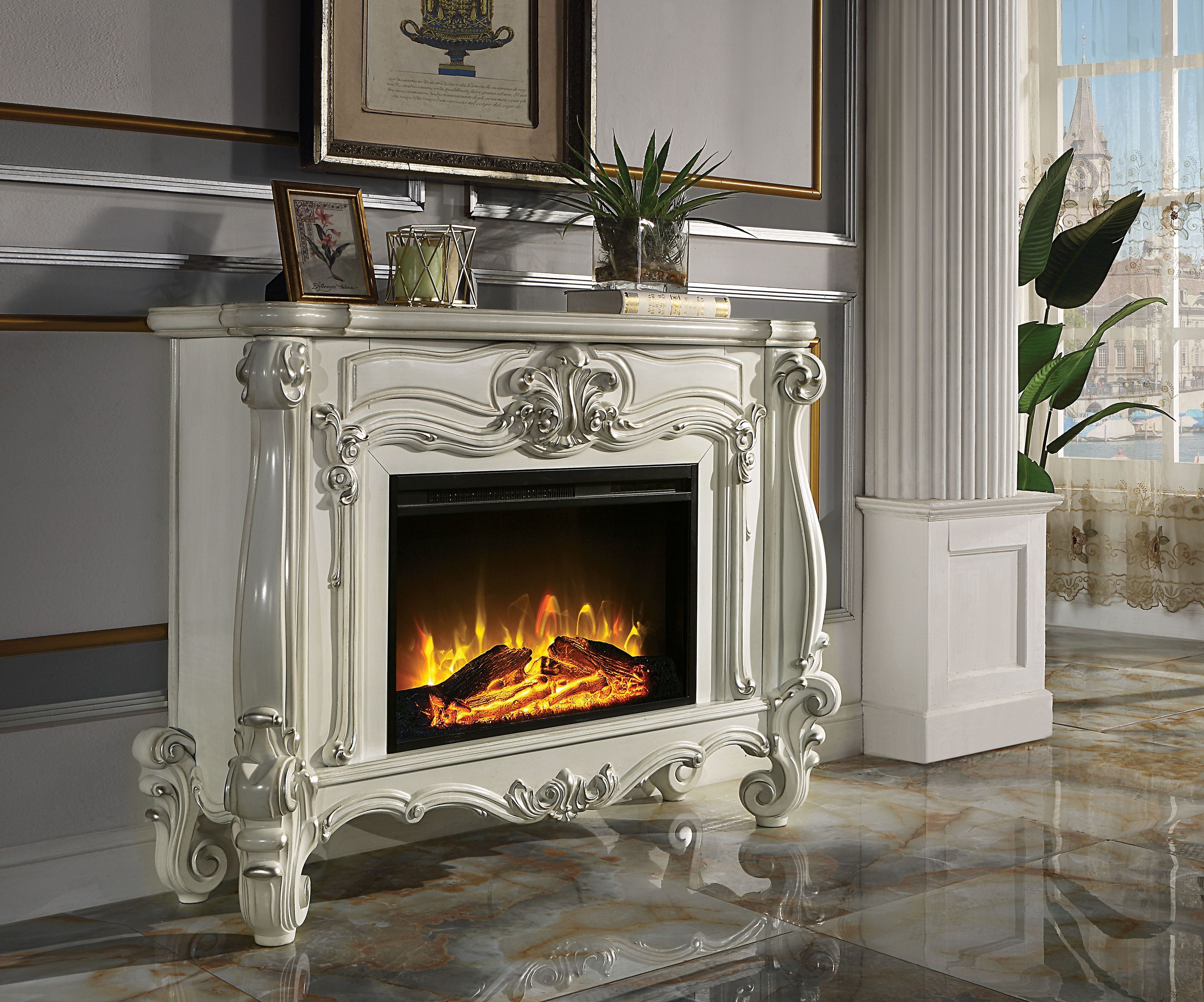 Bone White Traditional Freestanding Electric Fireplace