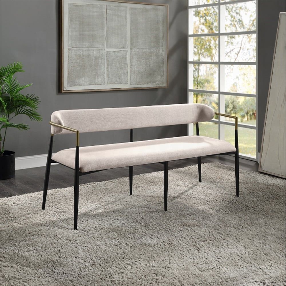 Jaramillo Beige Fabric and Black Metal Modern Bench