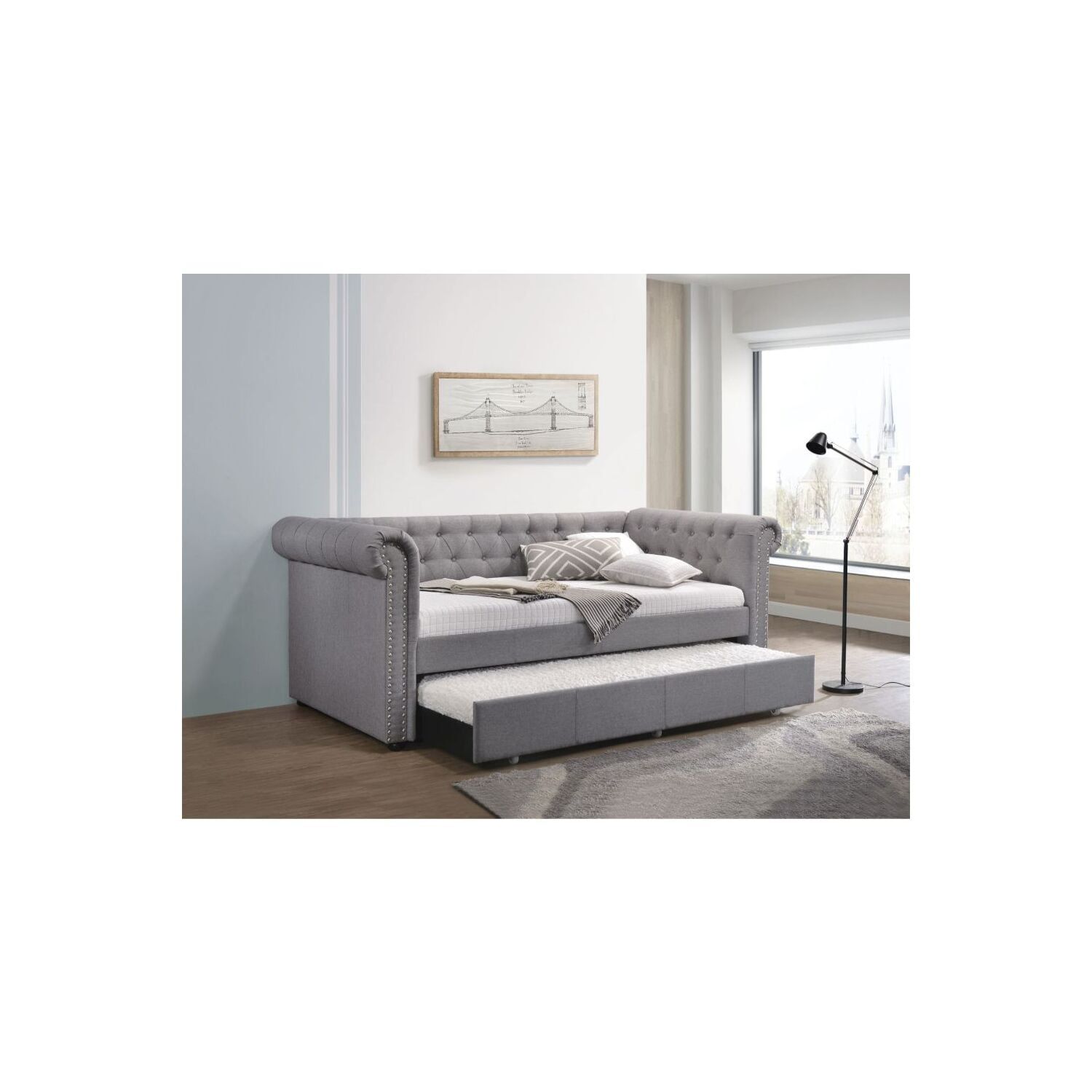 Gray Upholstered Twin Daybed with Nailhead Trim and Trundle