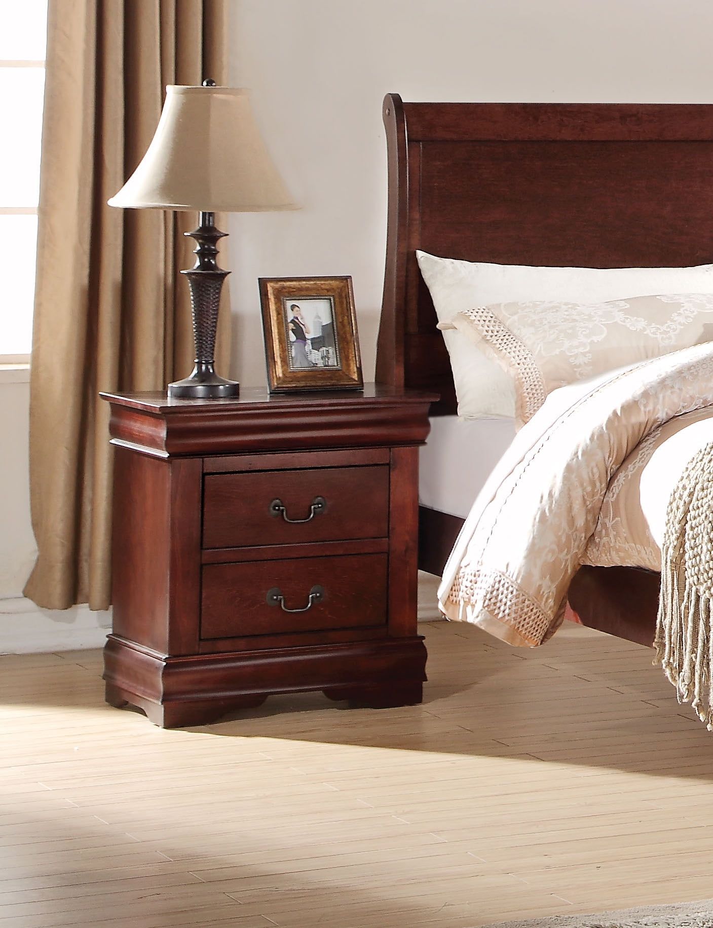 Elegant Cherry Wood Nightstand with Brush Nickel Accents