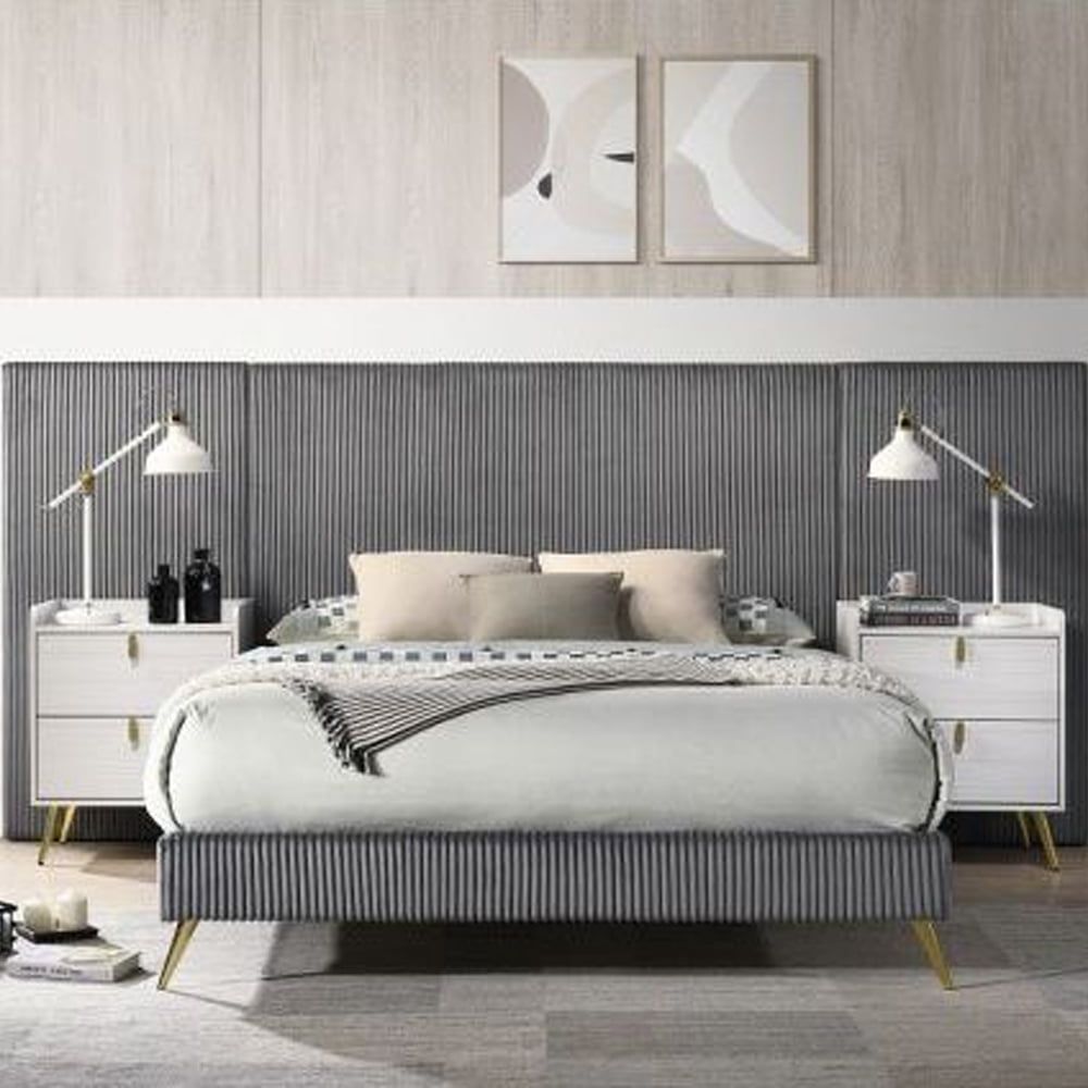 Muilee Queen Gray Faux Leather Upholstered Bed with Tufted Headboard and Drawer