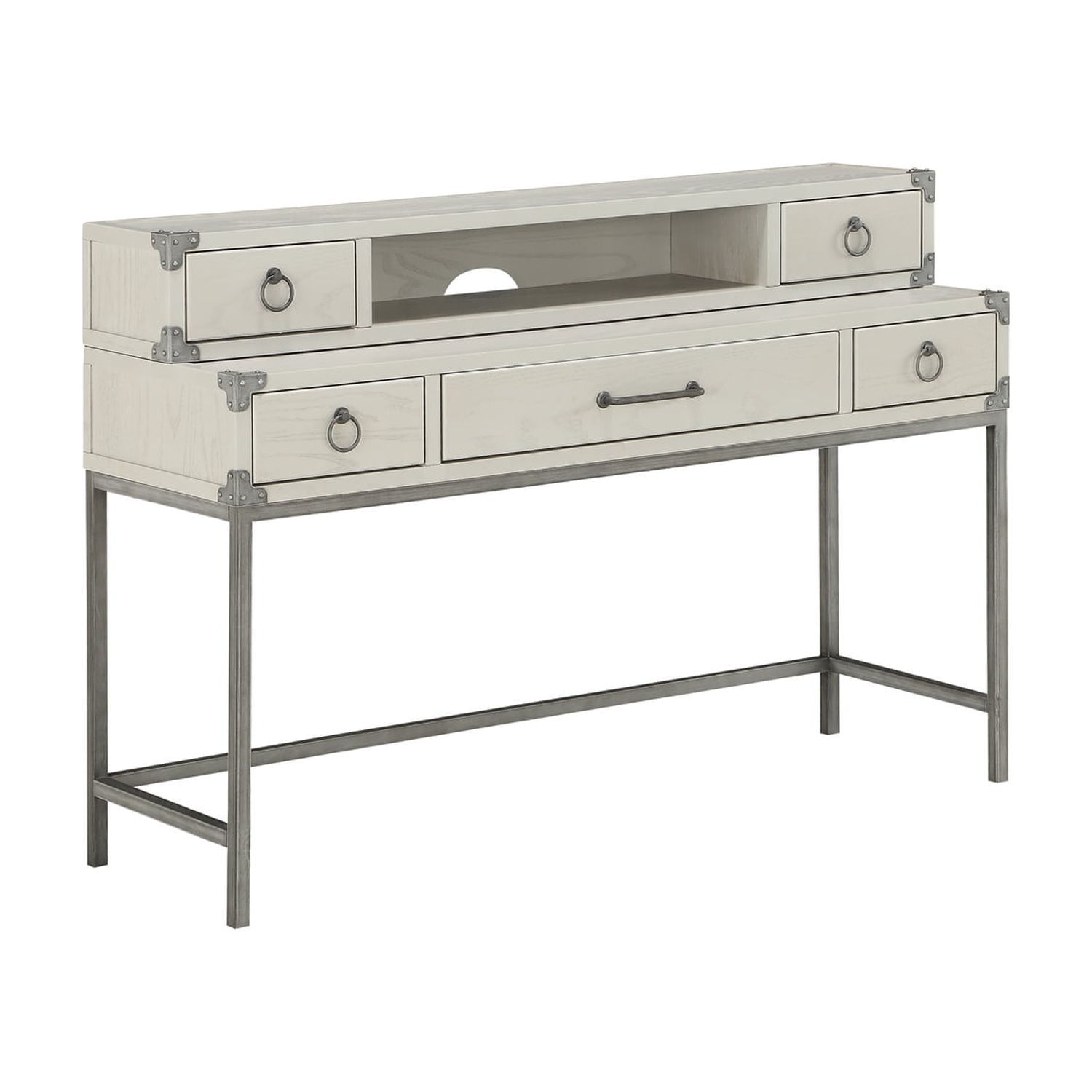 Gray Wood Writing Desk with Drawers and Metal Legs