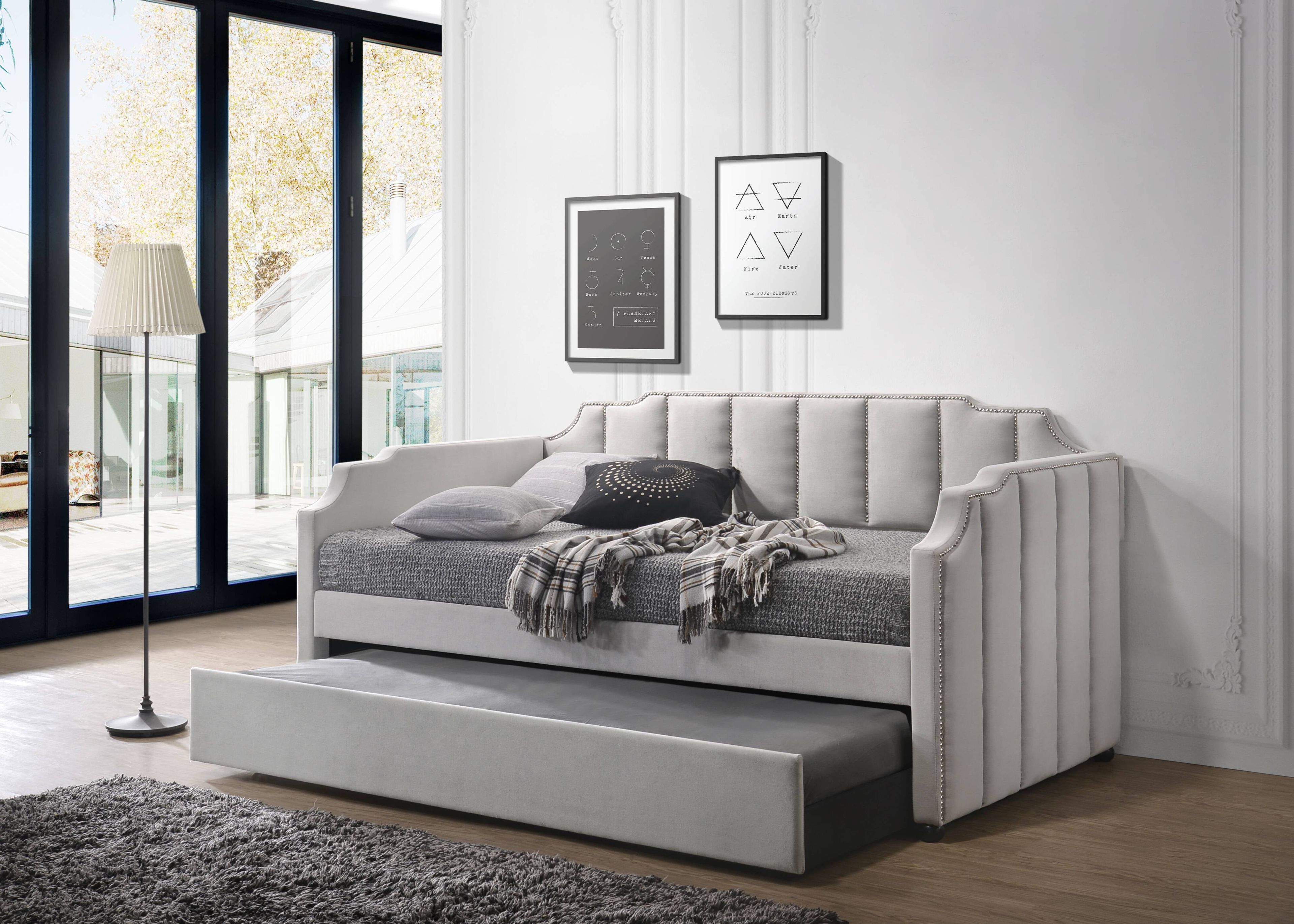 Dove Gray Velvet Twin Daybed with Trundle and Nailhead Trim