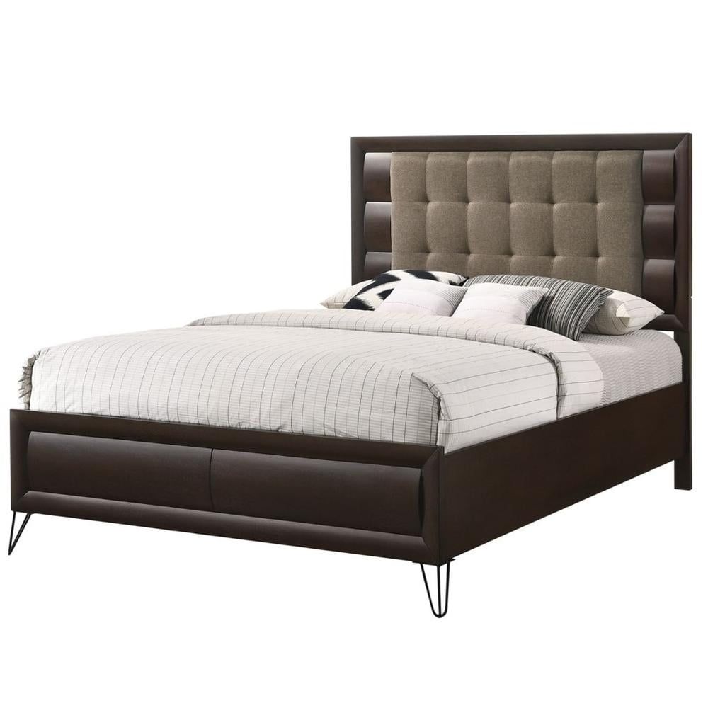 King Dark Merlot Upholstered Wood Bed with Tufted Headboard