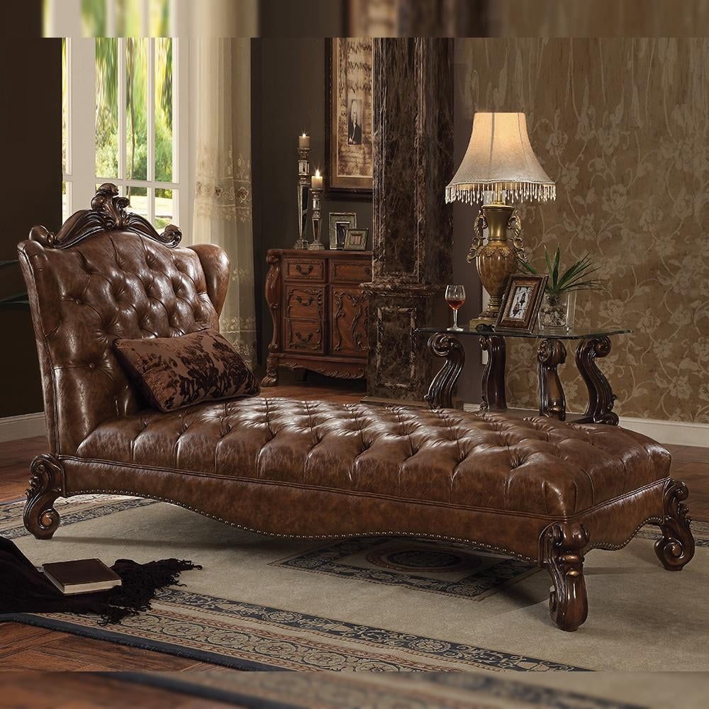 Handcrafted Brown Faux Leather Chaise with Cherry Oak Finish