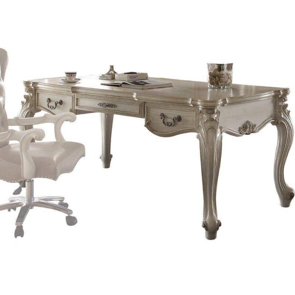 Regal Bone White Carved Wood Executive Desk with 3 Drawers