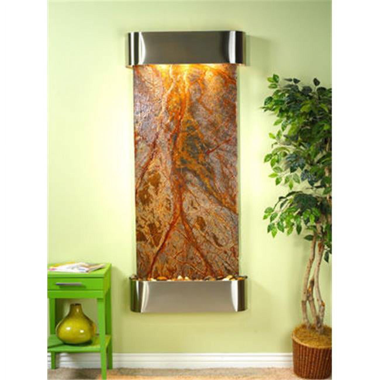 Brown Rainforest Marble Waterfall Wall Fountain with Blackened Copper Trim