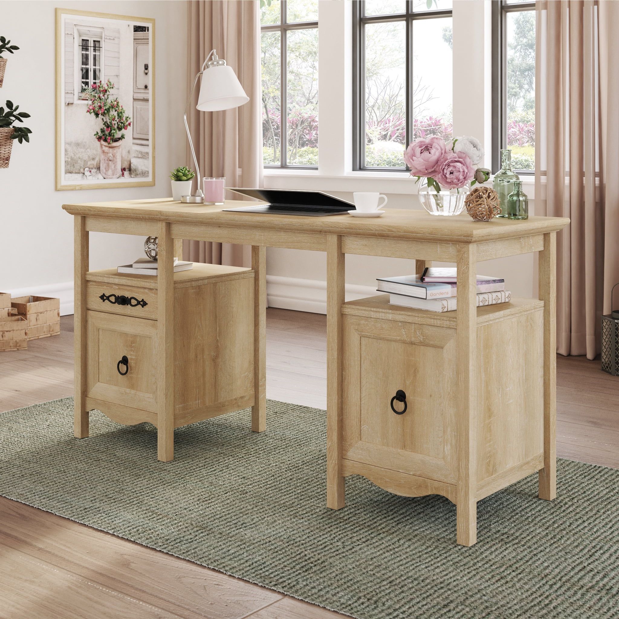 Orchard Oak Executive Computer Desk with Dual Pedestals