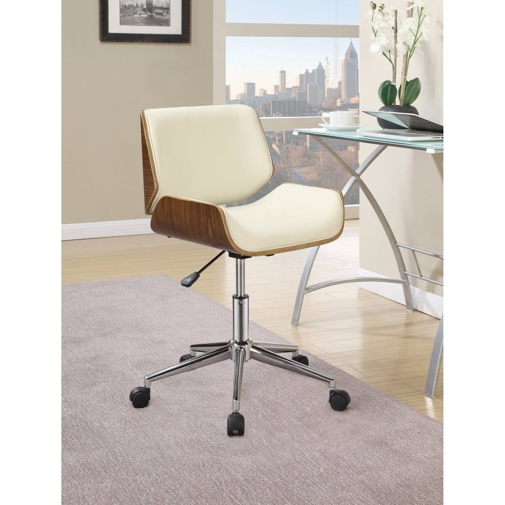 Ecru Leatherette and Walnut Swivel Desk Chair