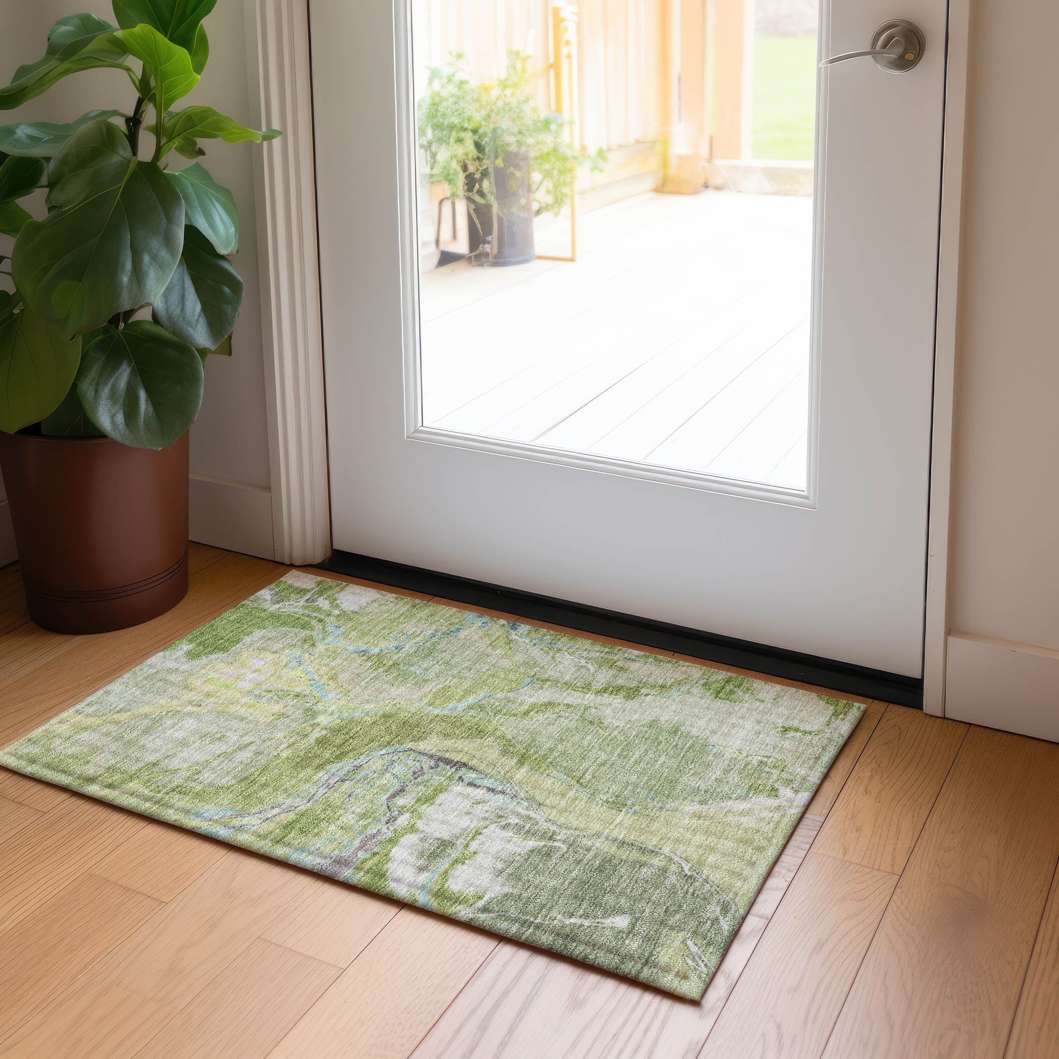 Green Abstract Synthetic Washable Indoor Outdoor Rug