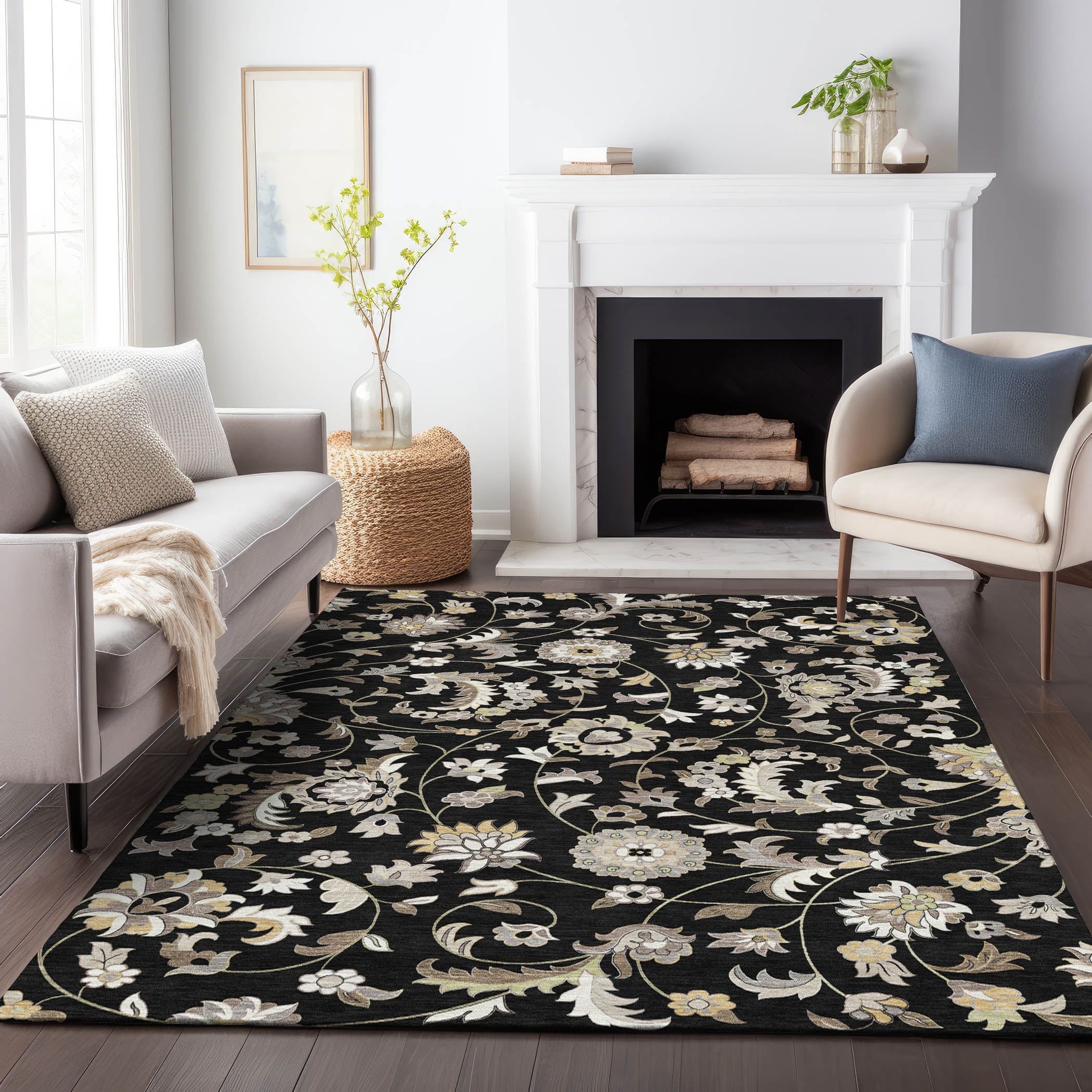 Black Floral Synthetic Washable Rectangular Area Rug