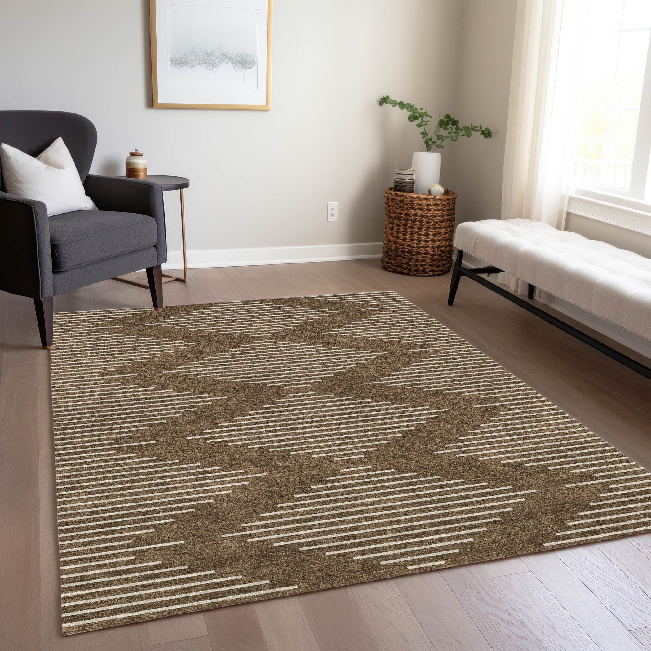 Brown and Beige Rectangular Synthetic Washable Area Rug