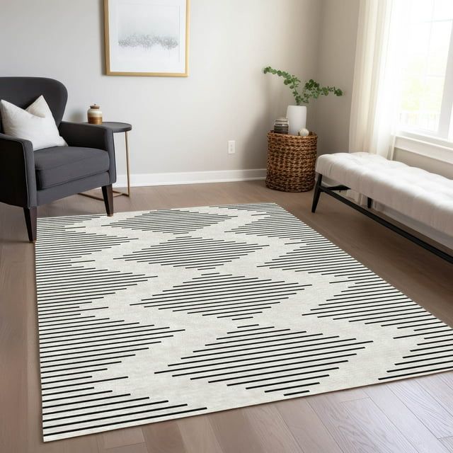 Ivory and Black Geometric Synthetic Rectangular Area Rug 3 x 5 ft