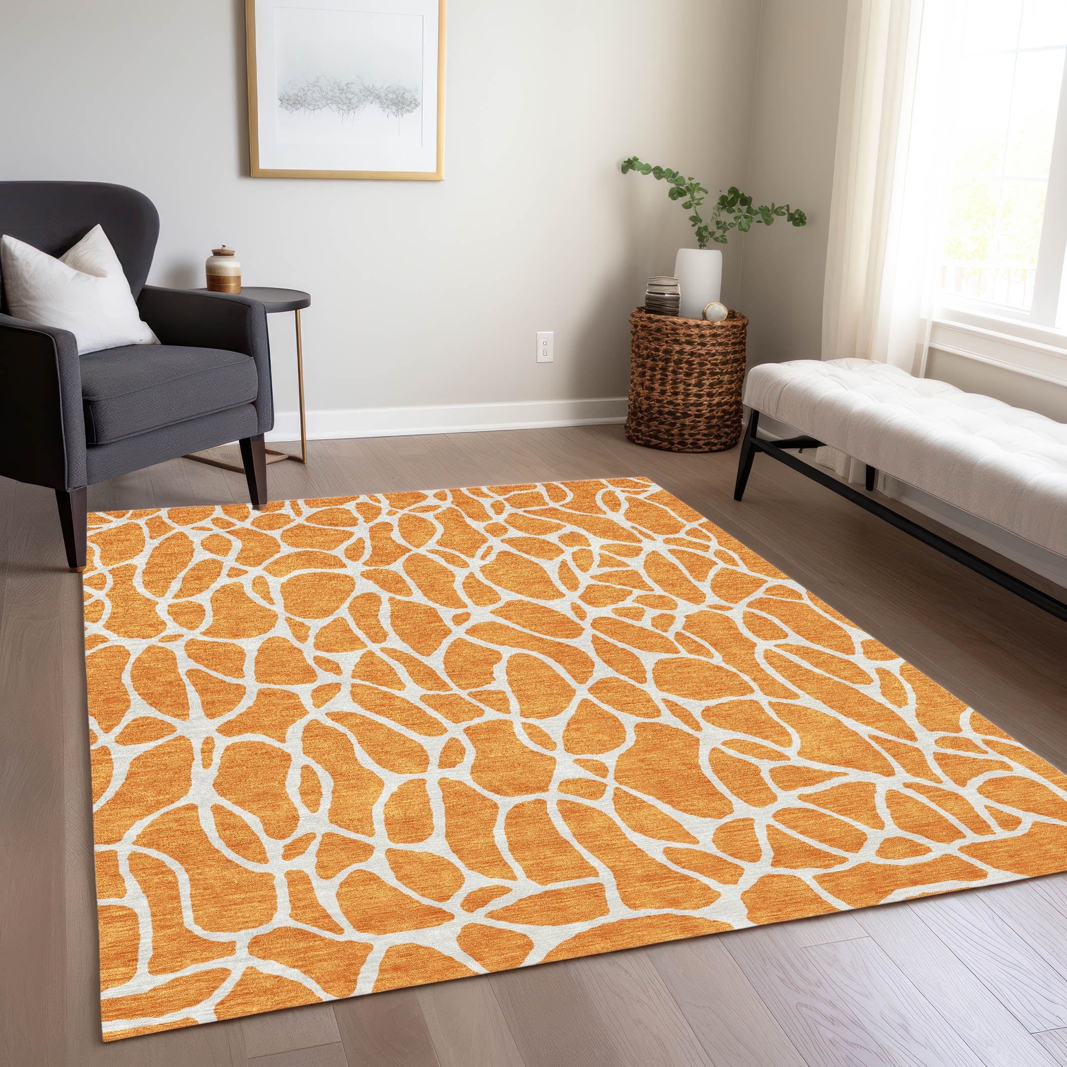 Orange Geometric Washable Synthetic Indoor Outdoor Rug