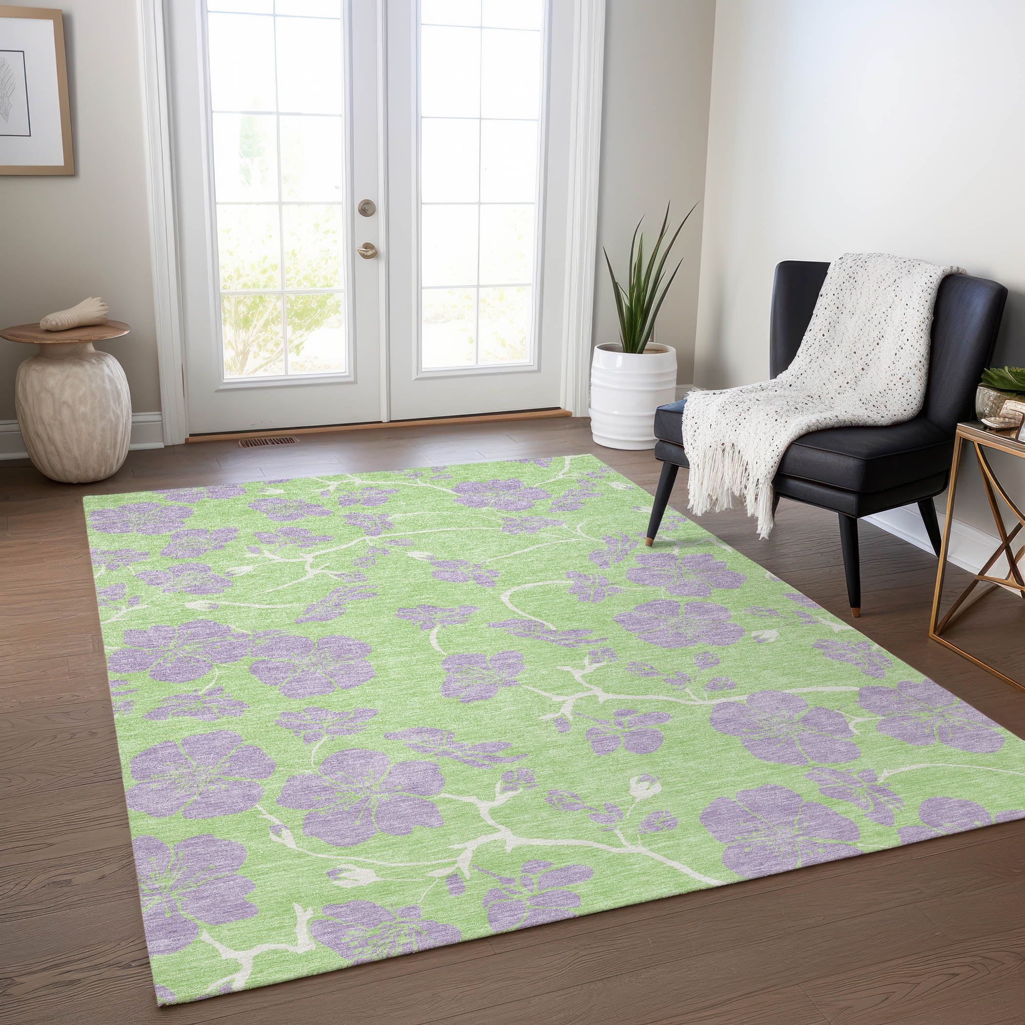 Mint and Lavender Floral Washable Synthetic Area Rug