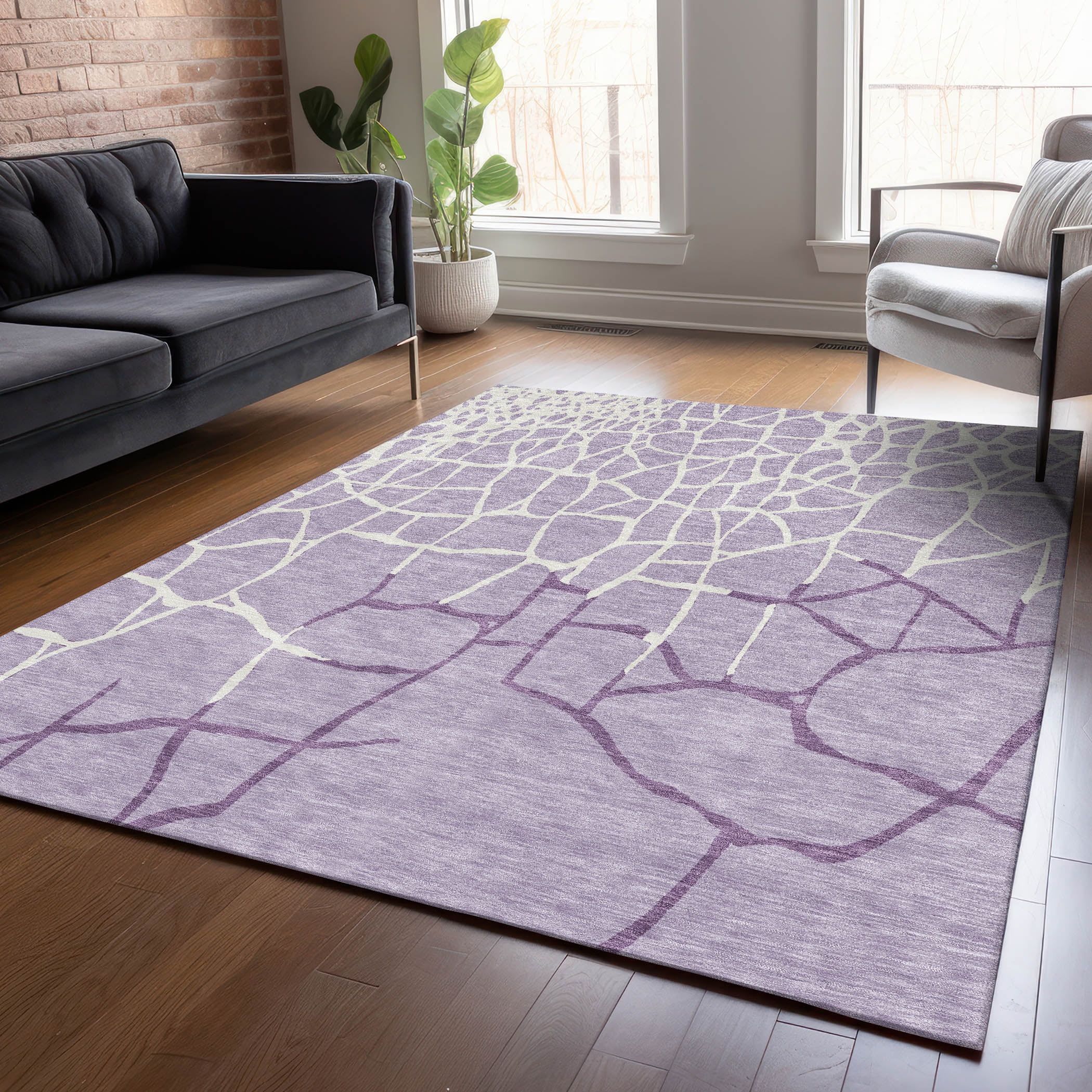 Lavender and White Synthetic Flat Woven Washable Rug