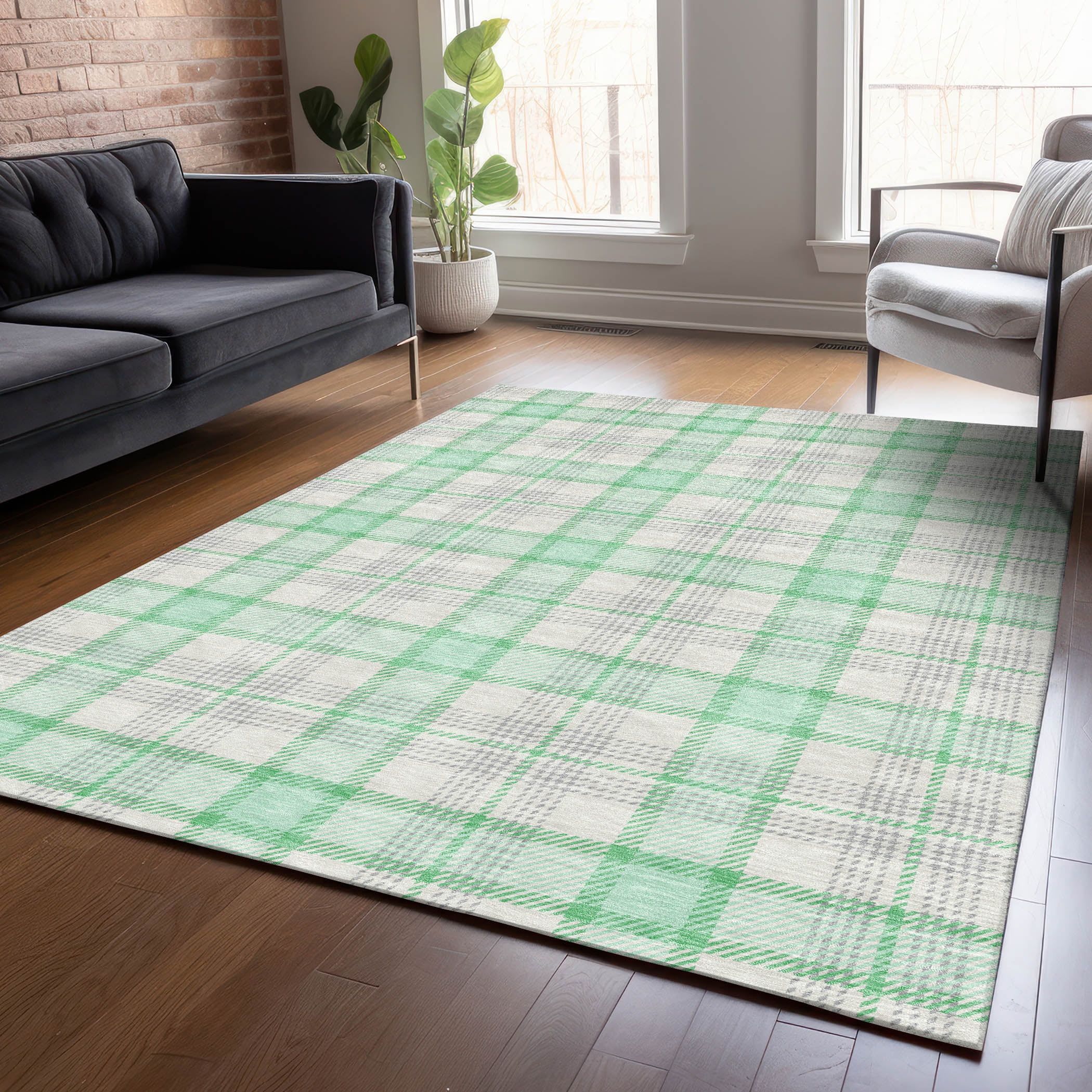 Green and White Plaid Indoor Outdoor Area Rug, 8' x 10'