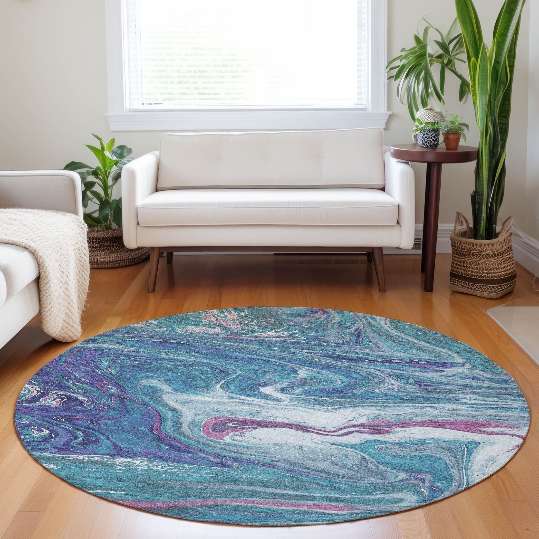 Teal and Purple Abstract Swirl 8' Round Indoor Outdoor Rug