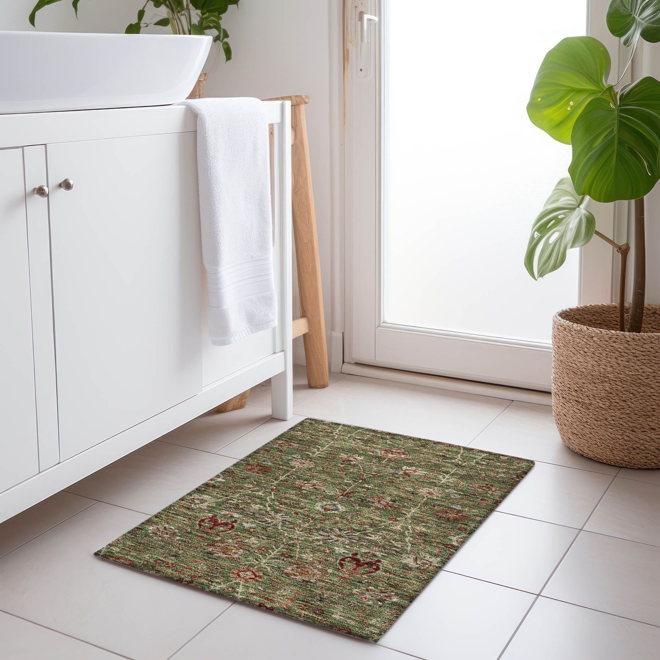 Fern Green and Red Floral Washable Synthetic Rug 20" x 30"