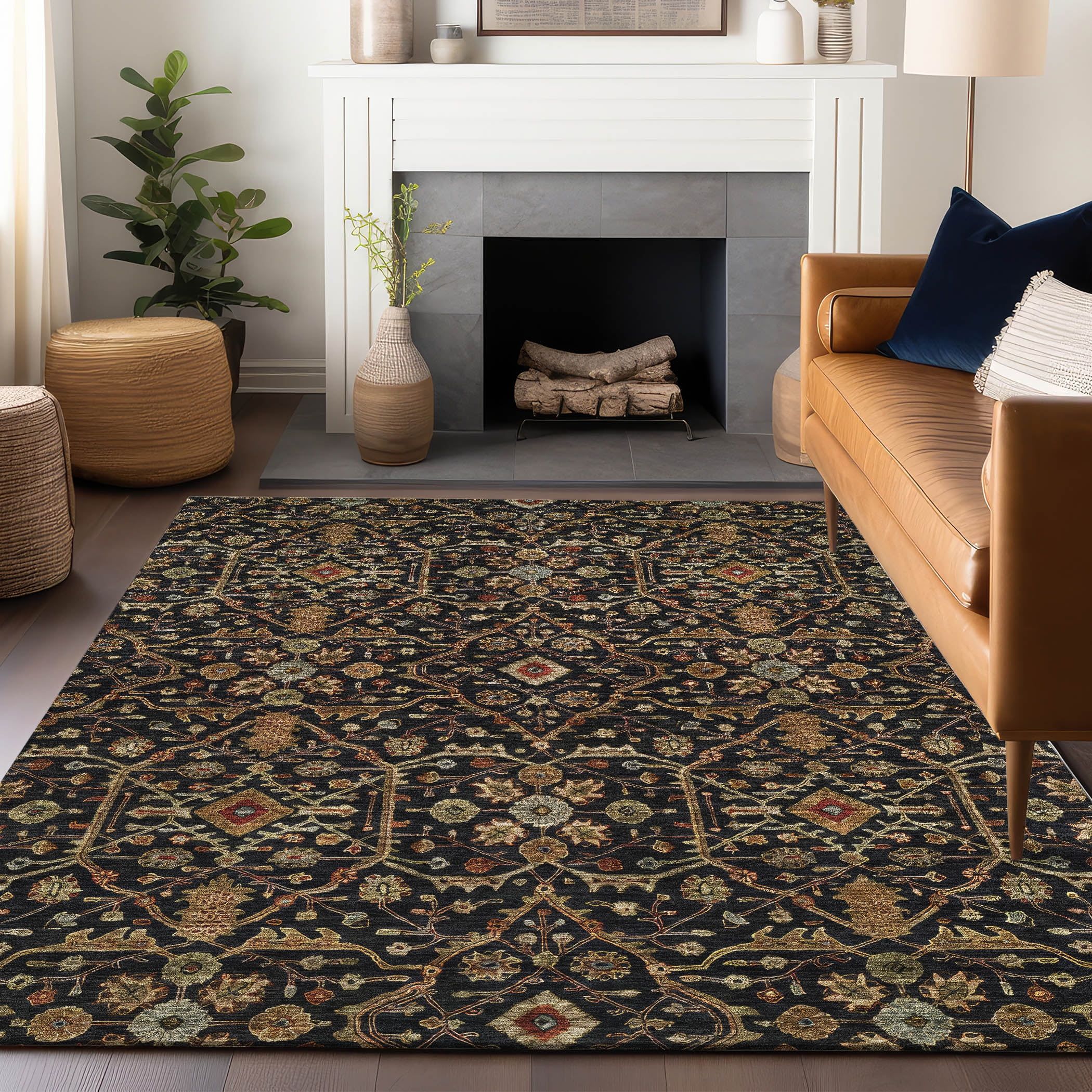 Black Rectangular Washable Persian Style Area Rug