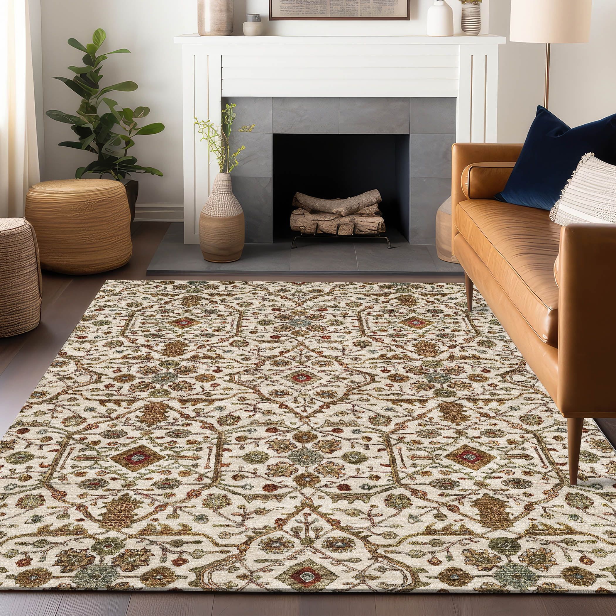 Ivory and Beige Flat Woven Synthetic Rectangular Area Rug