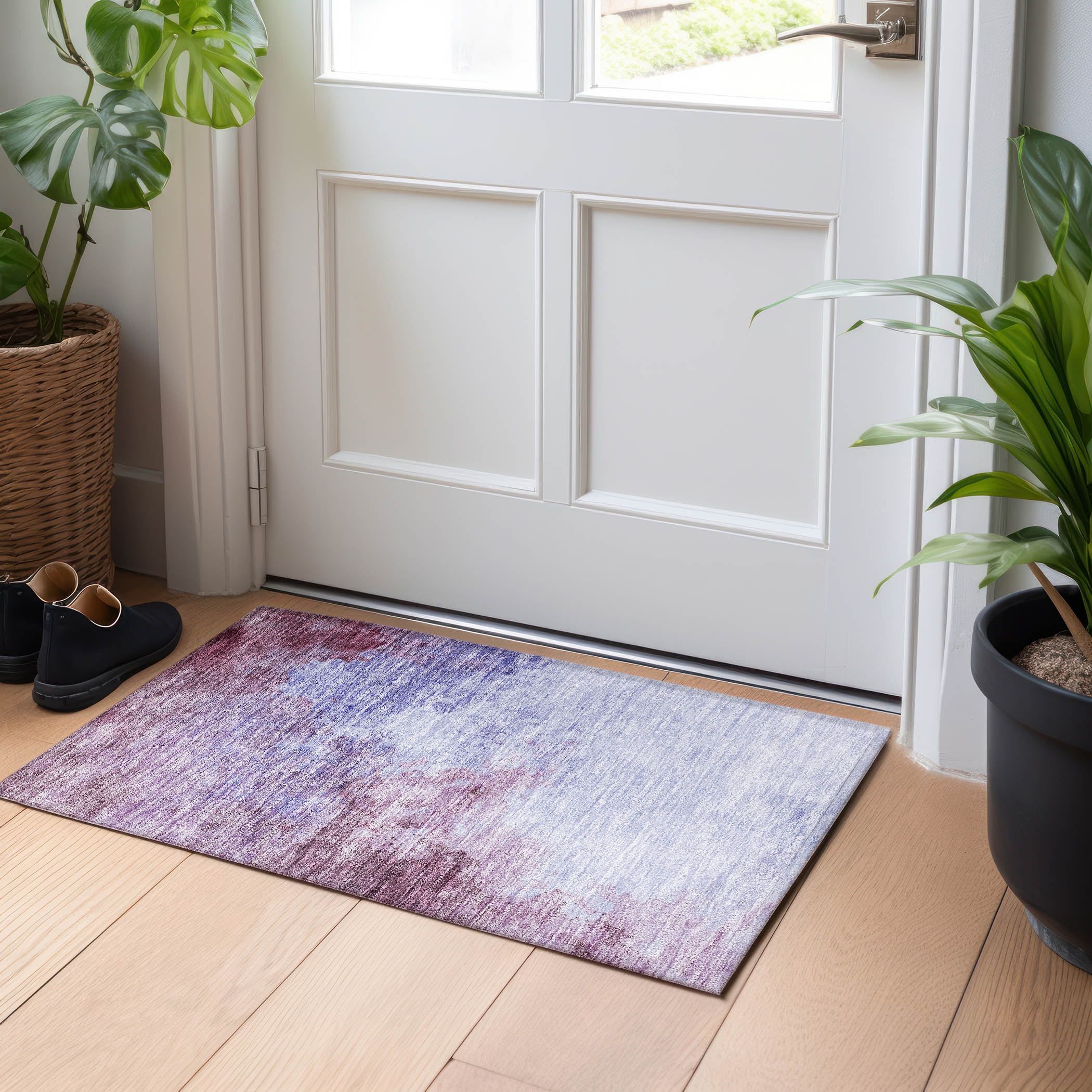 Purple Abstract Watercolor Washable Indoor Outdoor Rug 20" x 30"