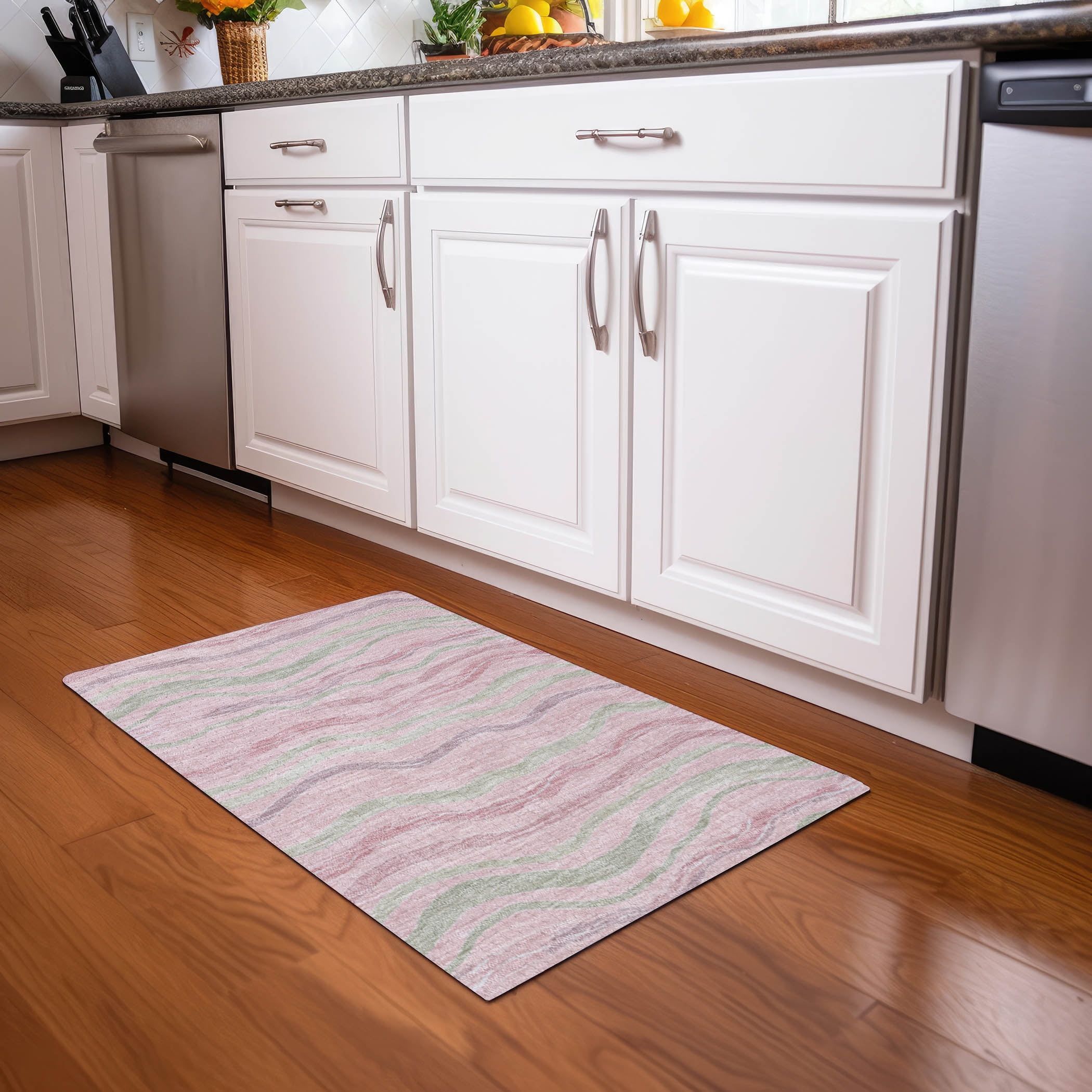 Pink and Green Striped Washable Synthetic Rug 1'8" x 2'6"