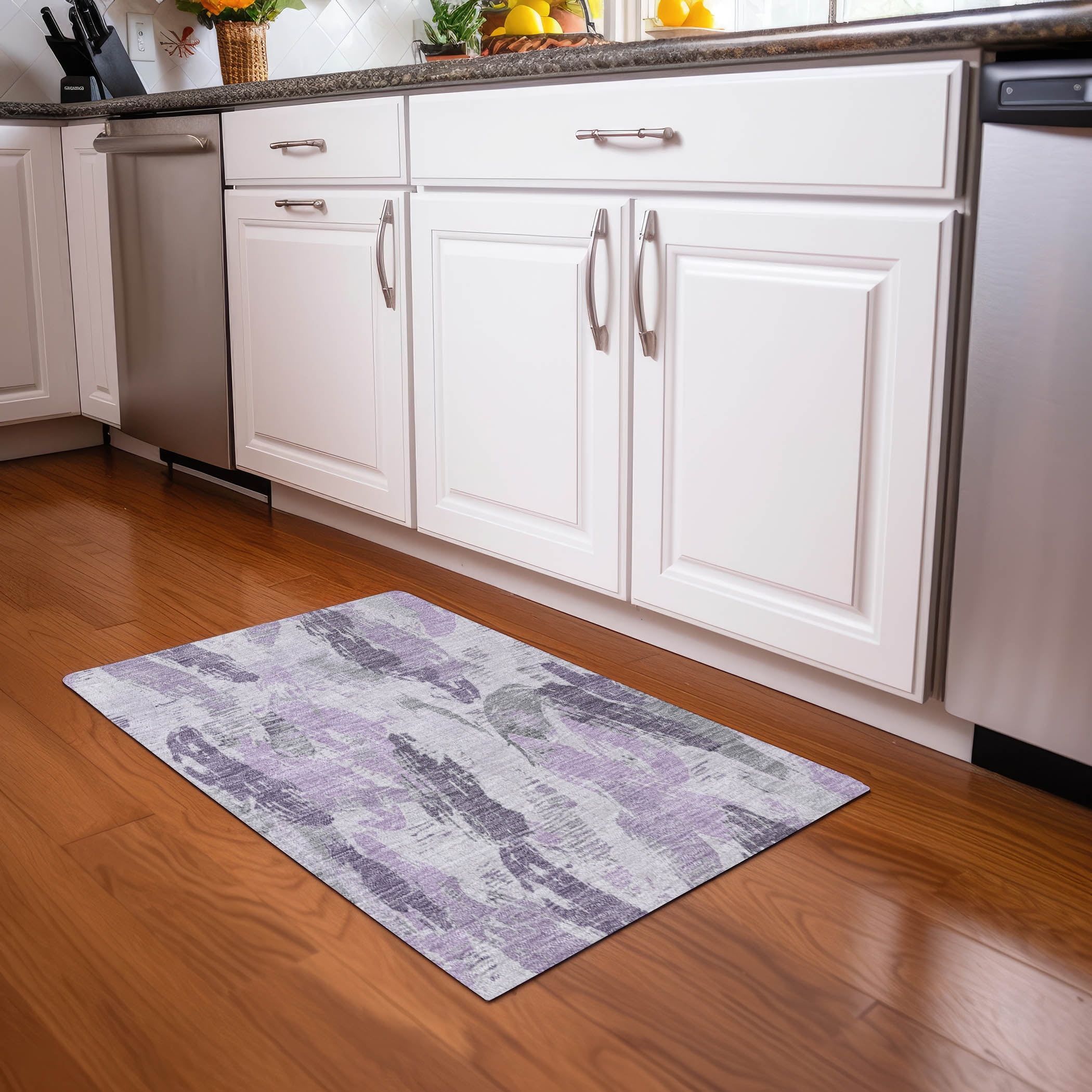 Lavender and Gray Rectangular Washable Synthetic Rug