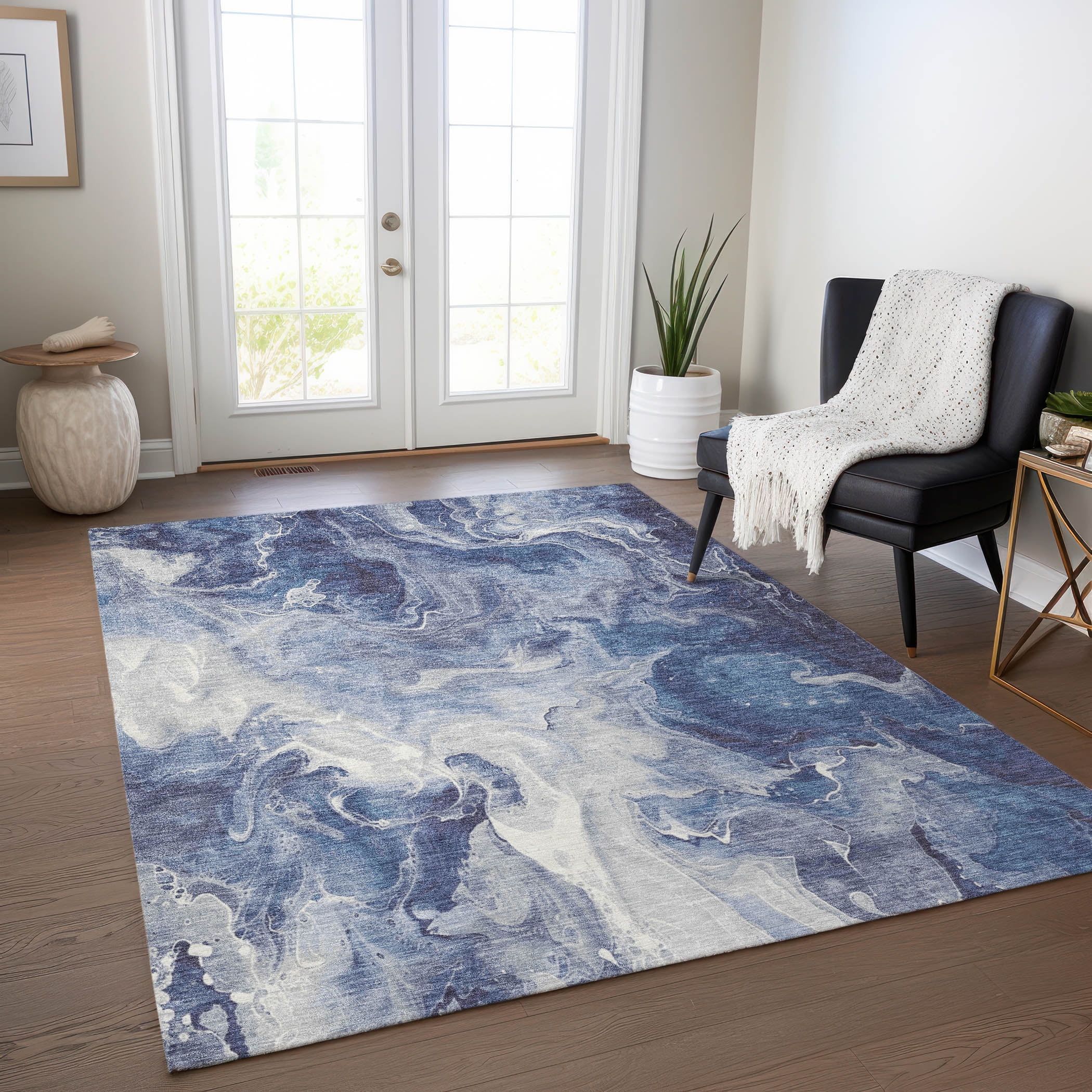 Addison Blue Abstract Synthetic Washable Rectangular Rug 2'6" x 3'10"