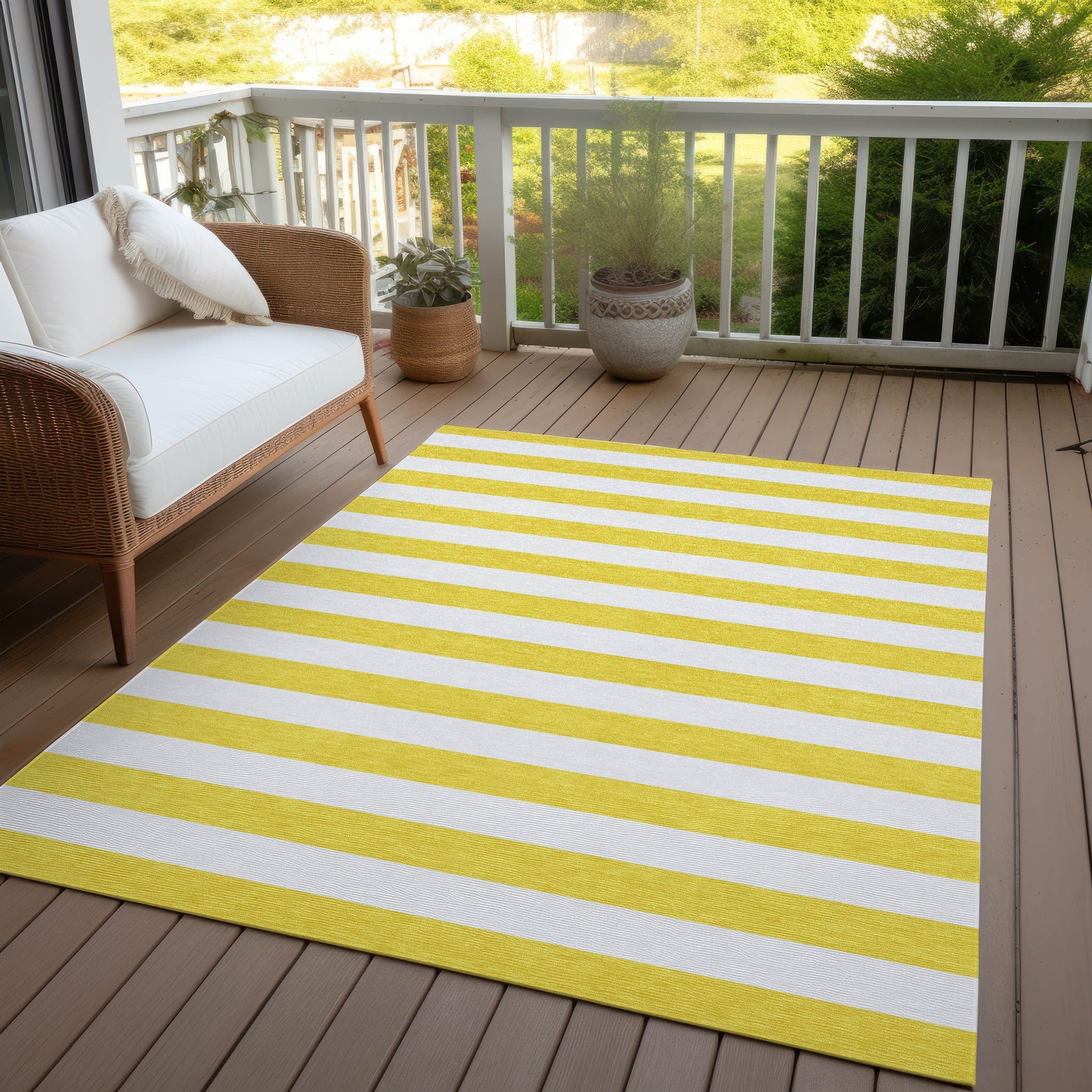 Yellow and White Striped Synthetic 3' x 5' Indoor Outdoor Rug